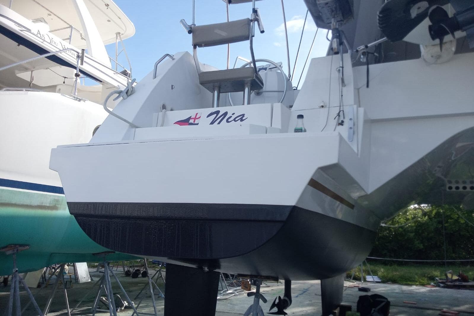 Nautitech 46 Open catamaran, 2021 model, docked with visible stern and equipment.