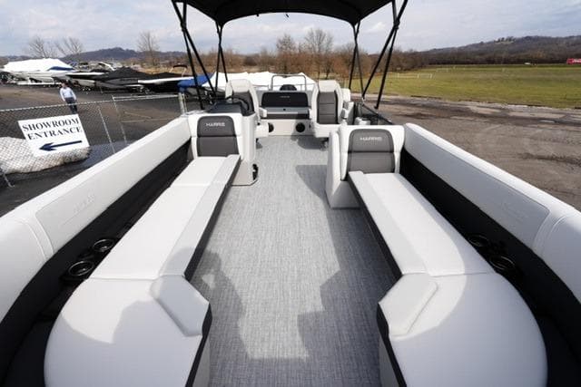 2026 Harris Cruiser 250 pontoon boat with spacious seating and modern design.