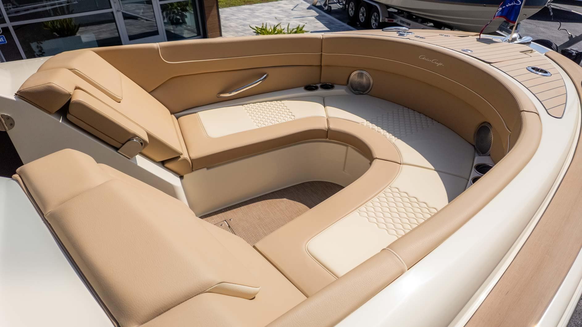 2025 Chris-Craft Launch 28 GT boat interior with luxurious tan seating and elegant design.