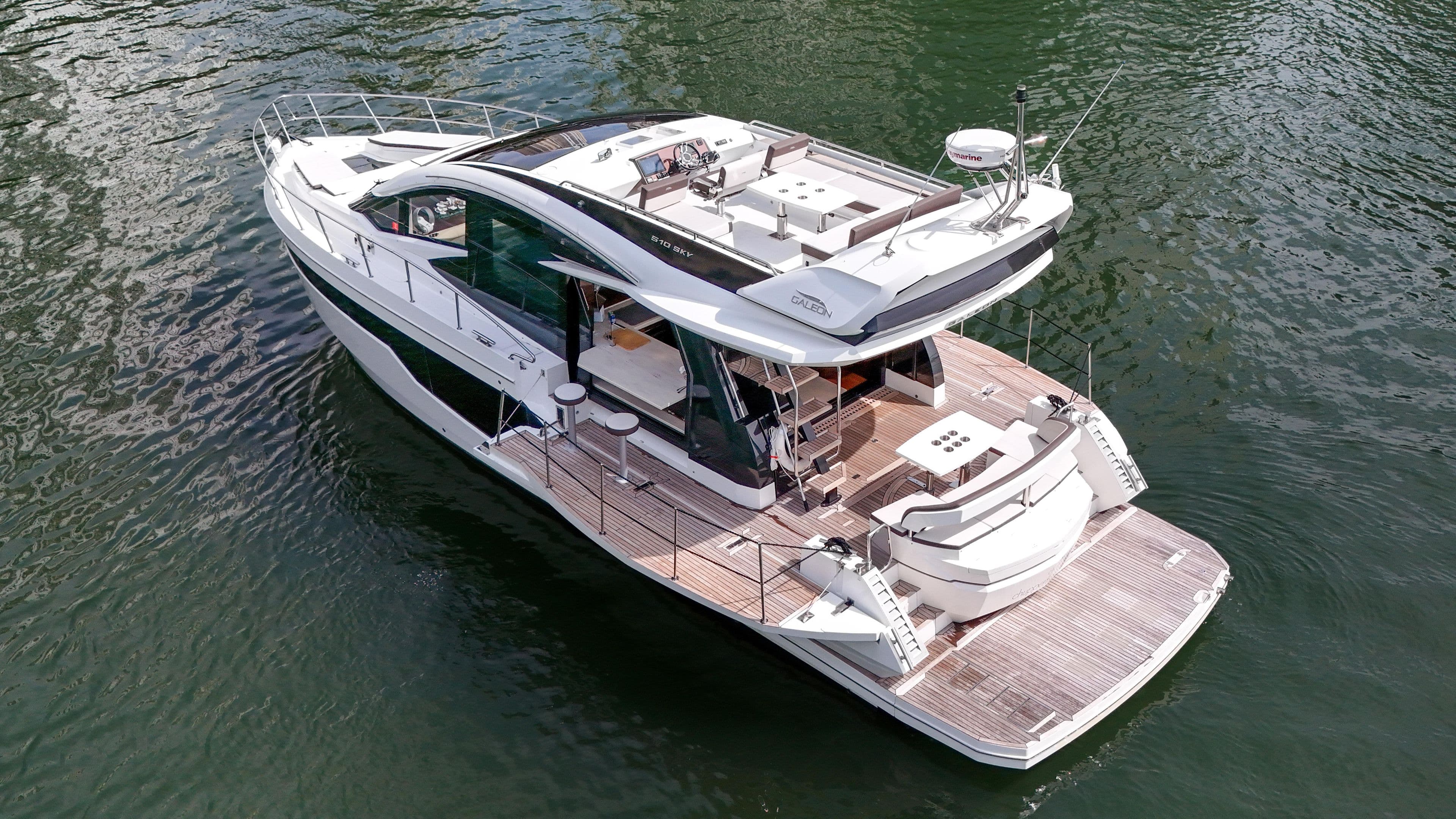 Aerial view of 2020 Galeon 510 Sky yacht on the water.
