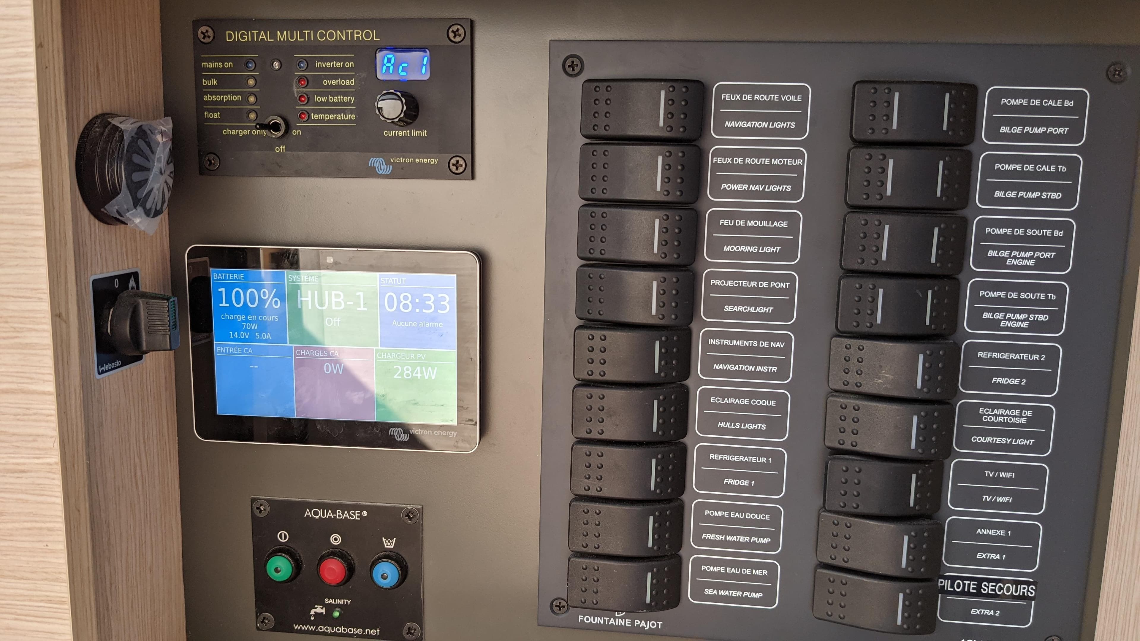Control panel of 2019 Fountaine Pajot Saona 47 yacht with digital display and switches.
