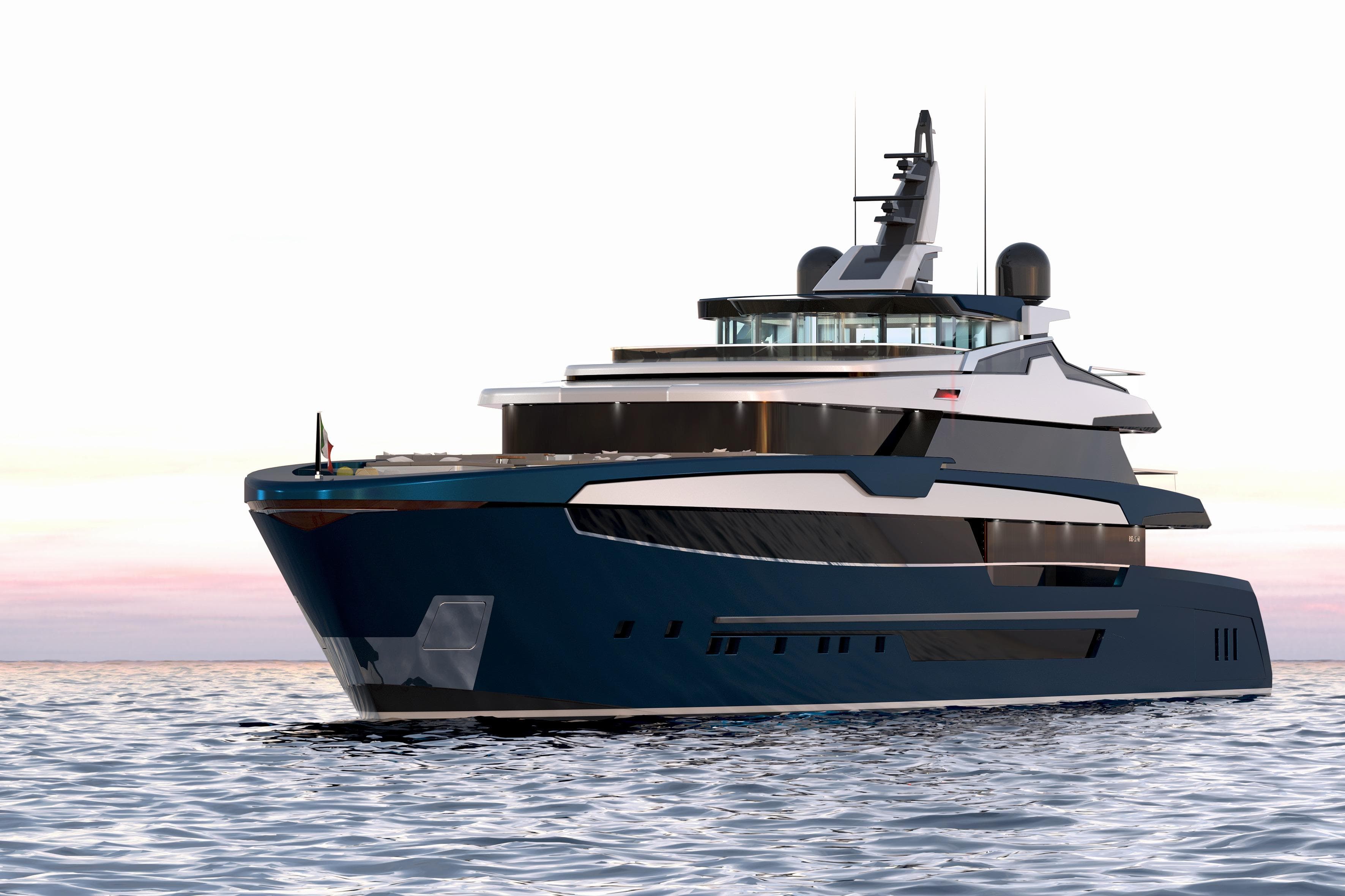 Luxurious BSD Yachting 60m yacht, 2029 model, cruising at sunset on calm waters.