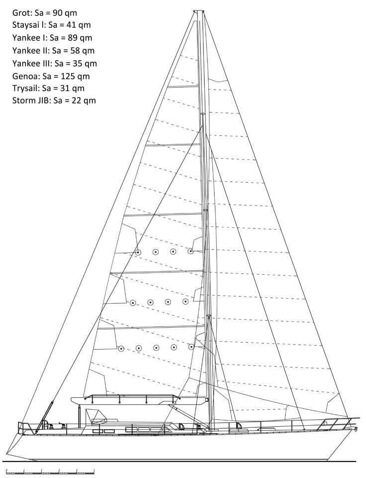 Line drawing of a 1995 Devonport Challenge 67 sailboat with detailed sail specifications.