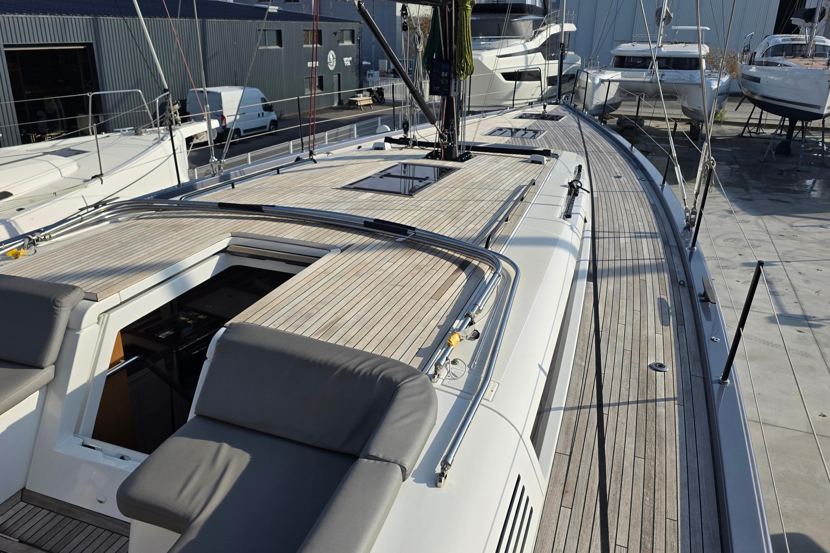 2022 Beneteau First 53 yacht with sleek deck design and modern features.