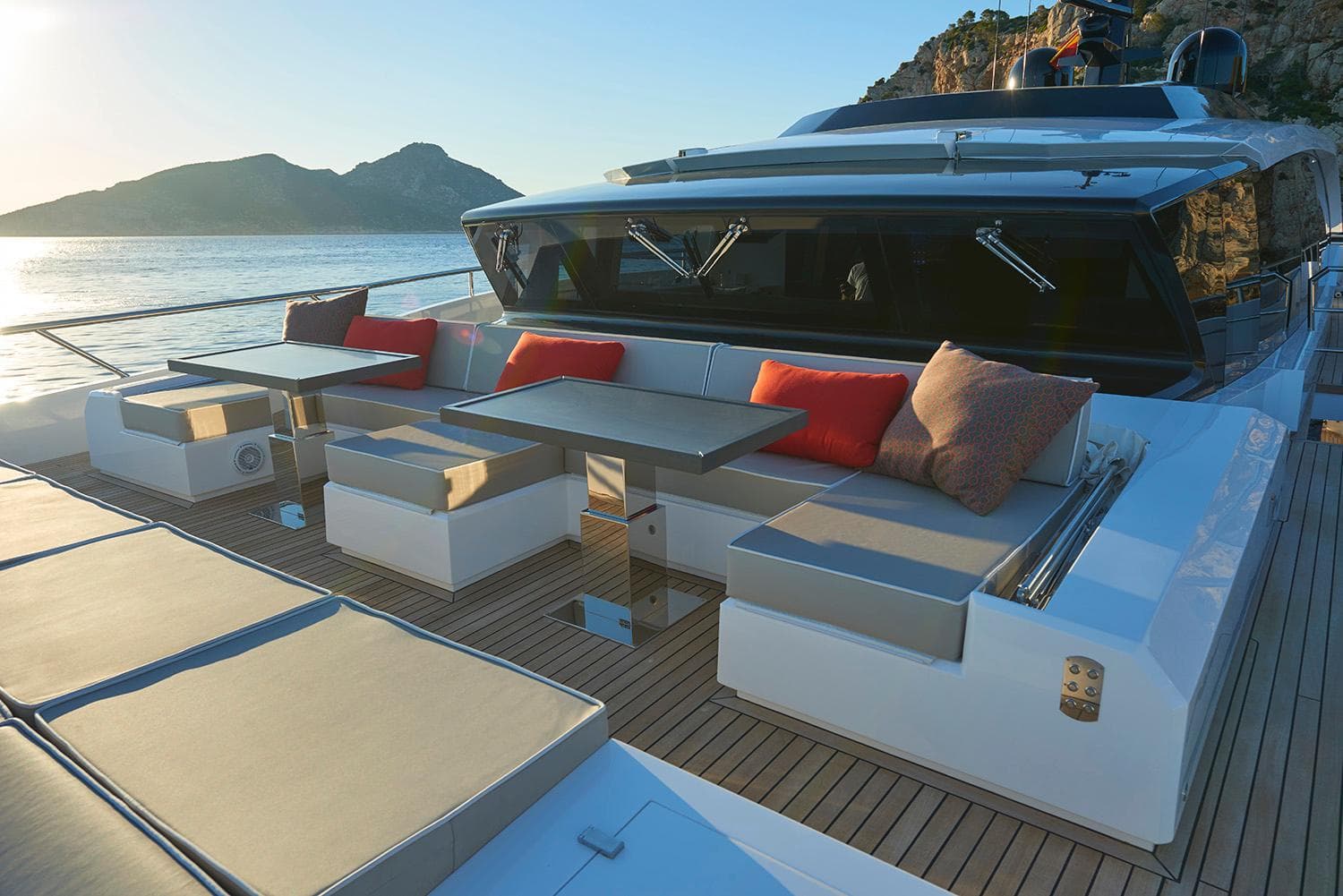 Luxurious 2026 Astondoa 110 Century yacht deck with elegant seating and scenic ocean view.