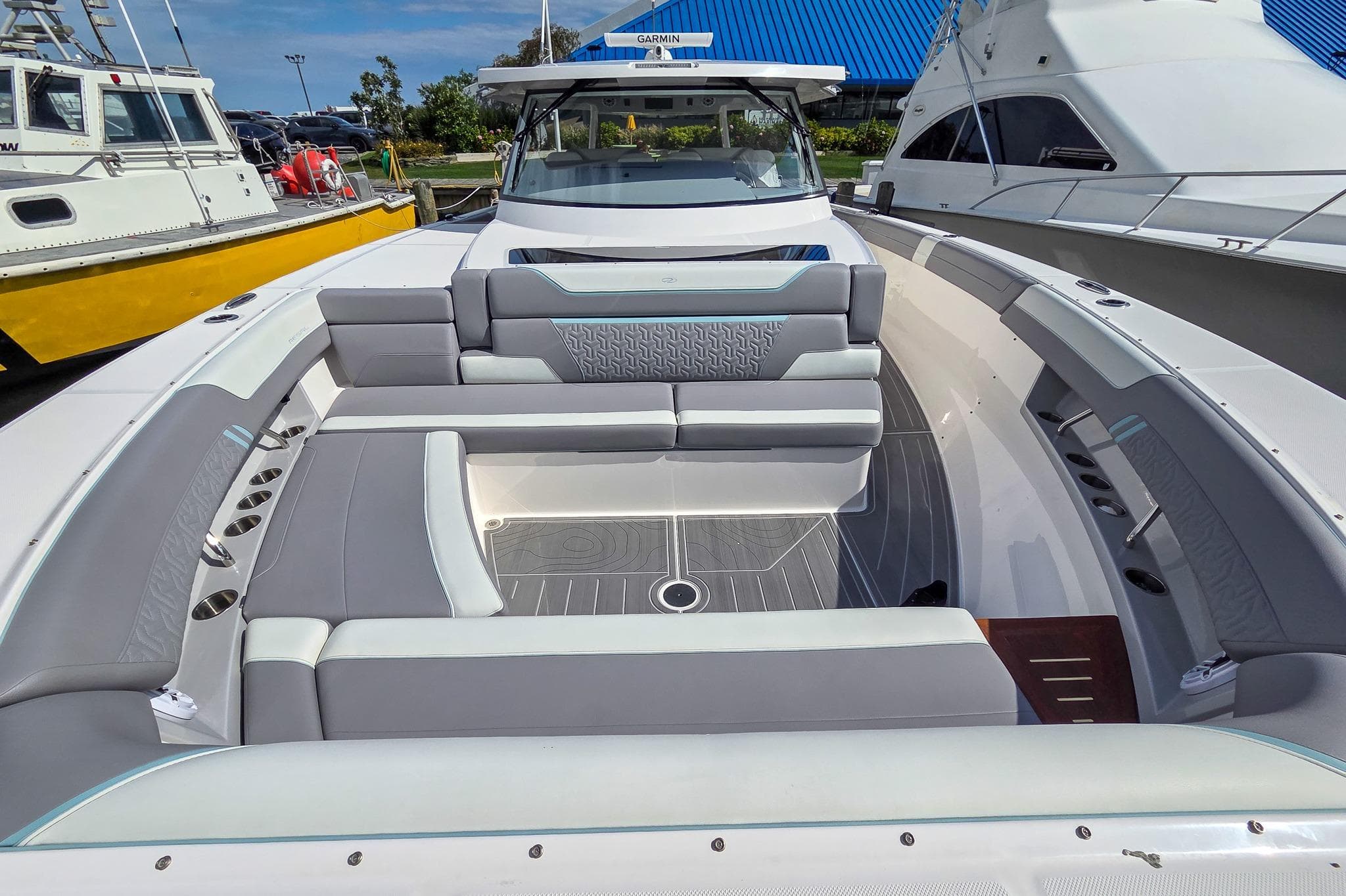 Luxurious 2025 Regal 50 SAV yacht interior with spacious seating and modern design.