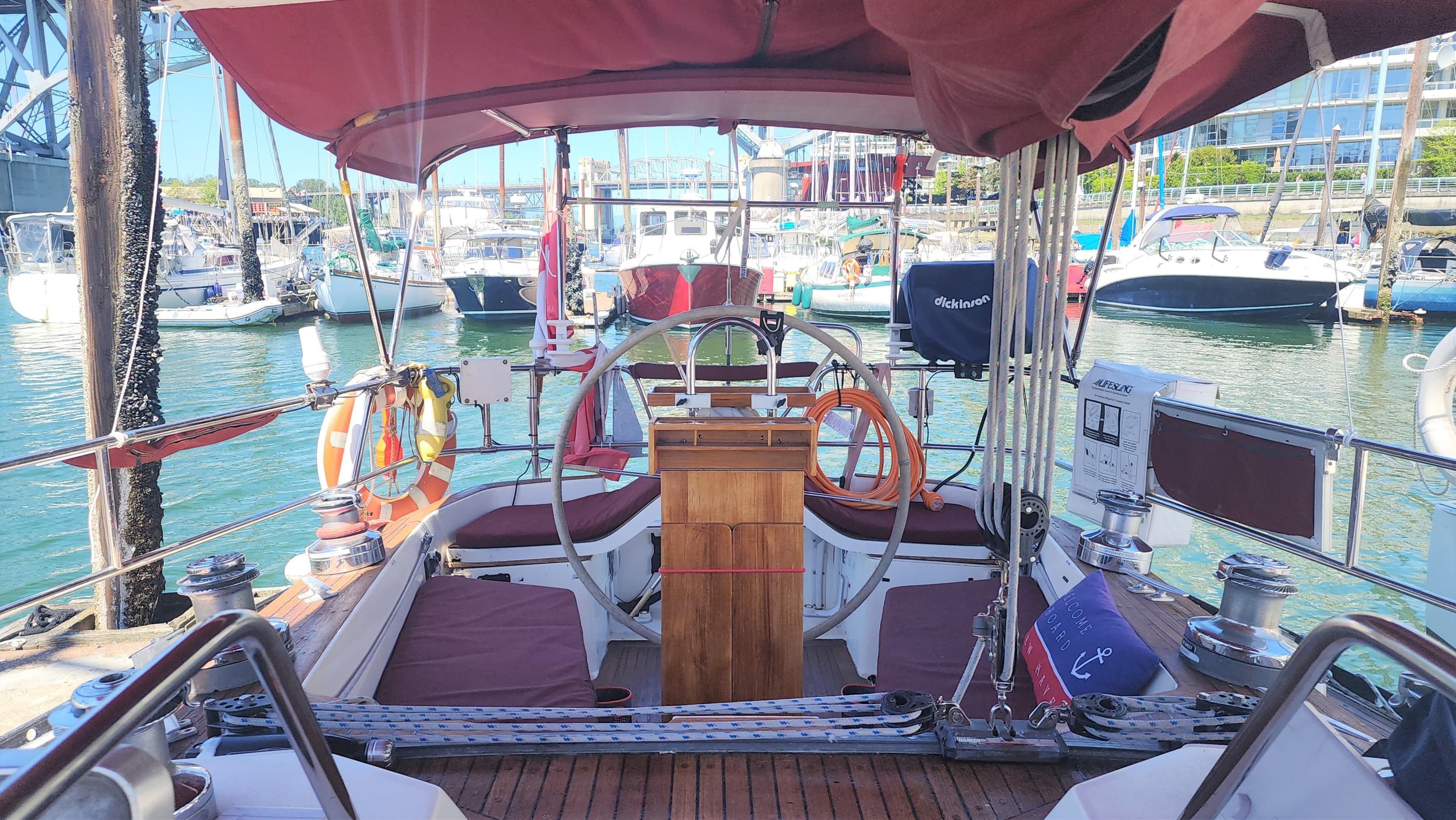 Cockpit of a 1984 Baltic 38DP yacht in harbor.