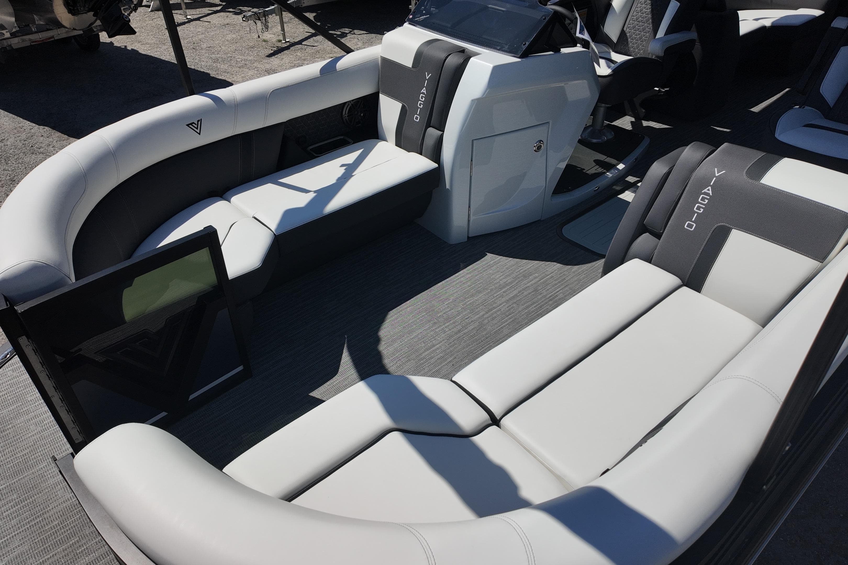 Luxurious interior of 2026 Viaggio Lago Z-U 22 boat with sleek seating design.