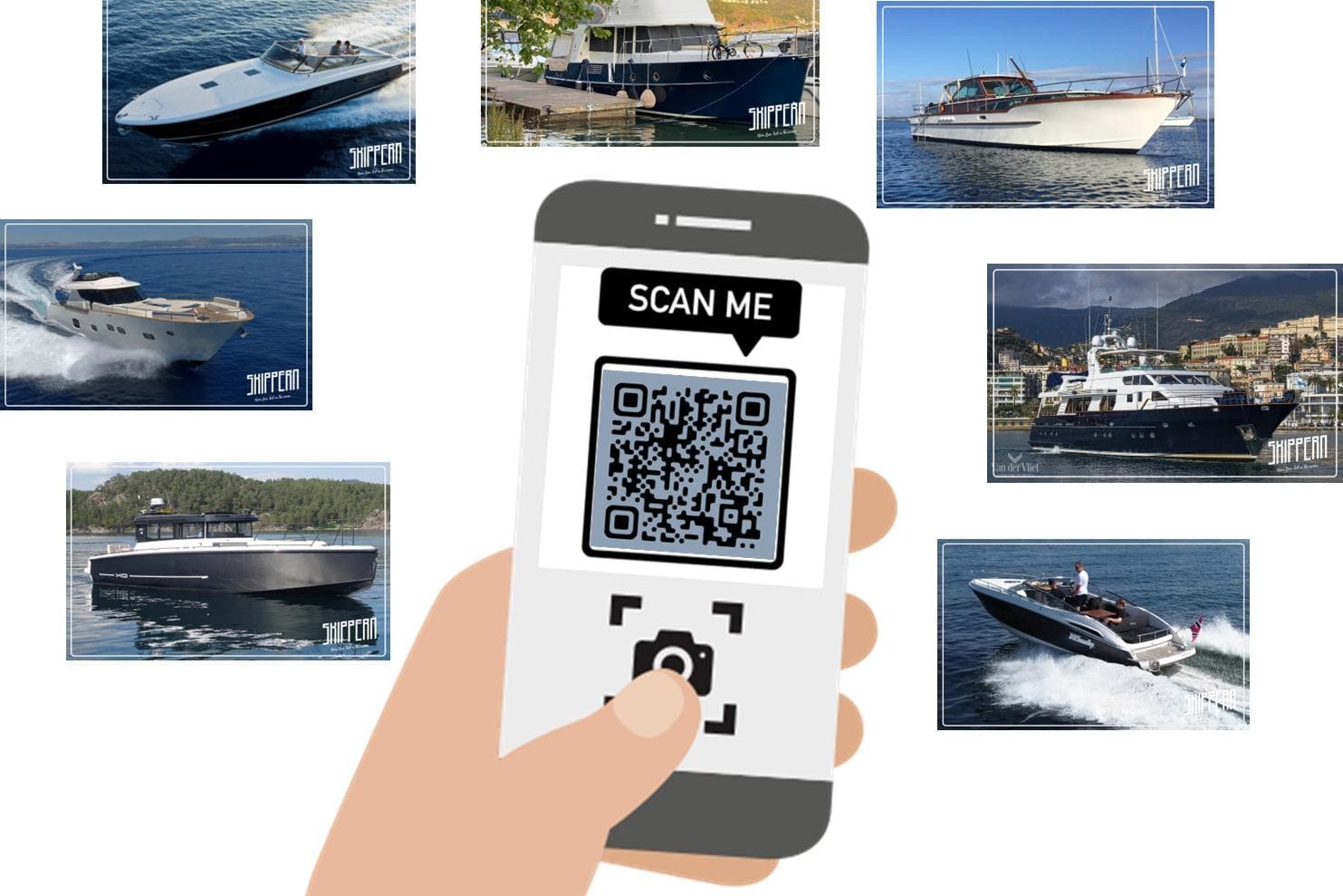 Hand holding smartphone with QR code, surrounded by various luxury boats, including a 1977 Cantiere Valdettaro.