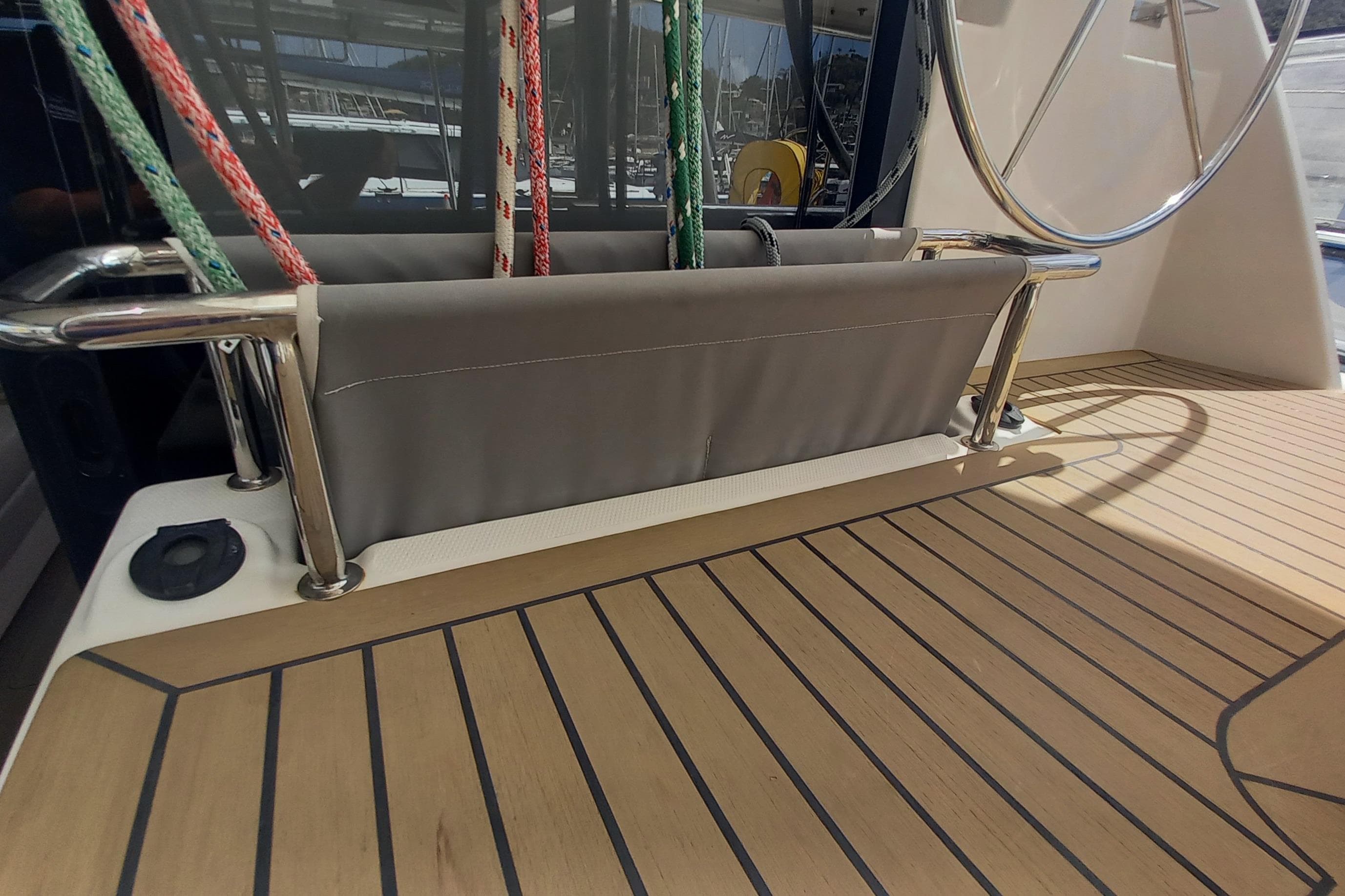 Leopard 45 yacht cockpit with teak flooring and steering wheel, 2019 model.
