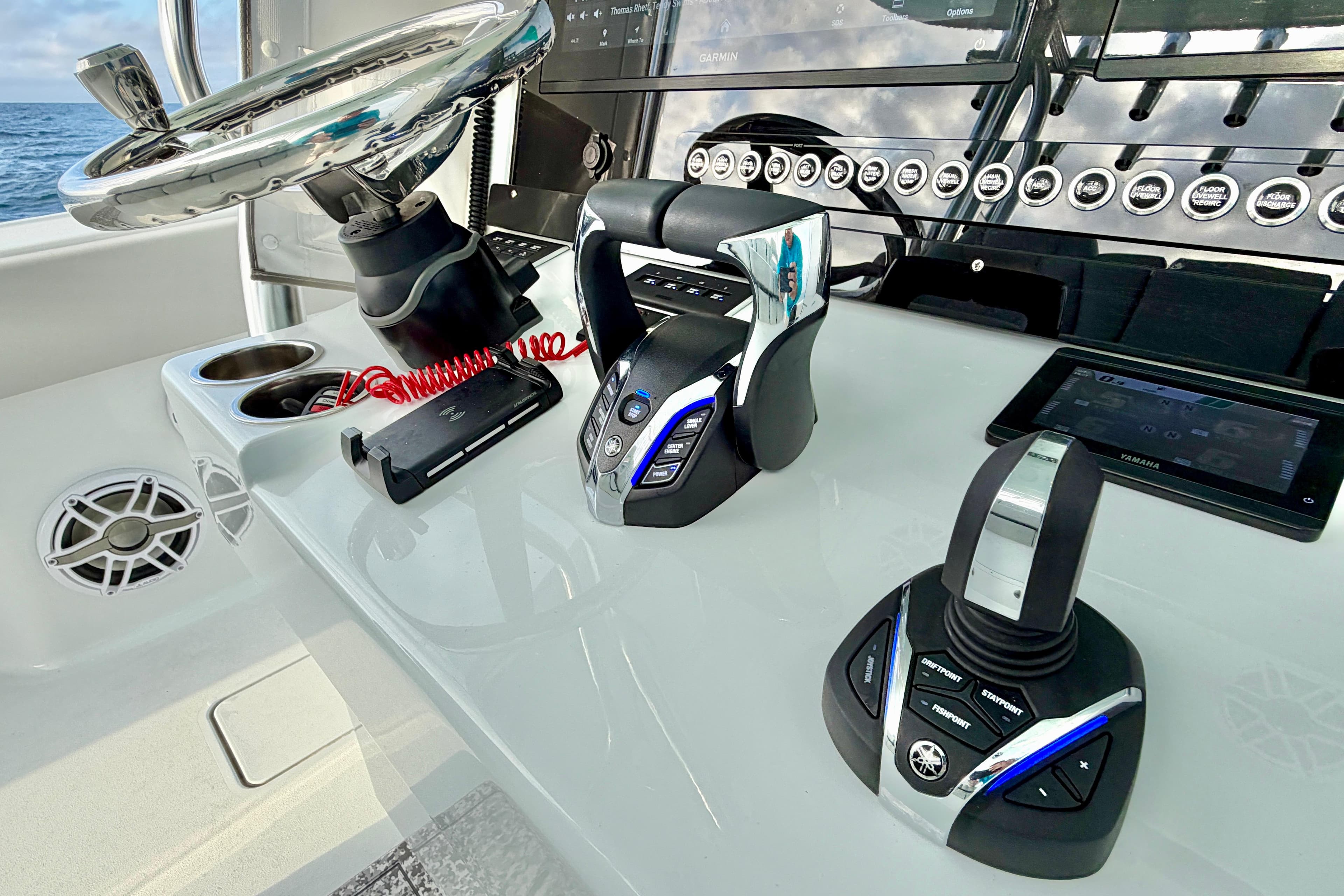 2024 Freeman 37 boat helm with advanced controls and navigation system.