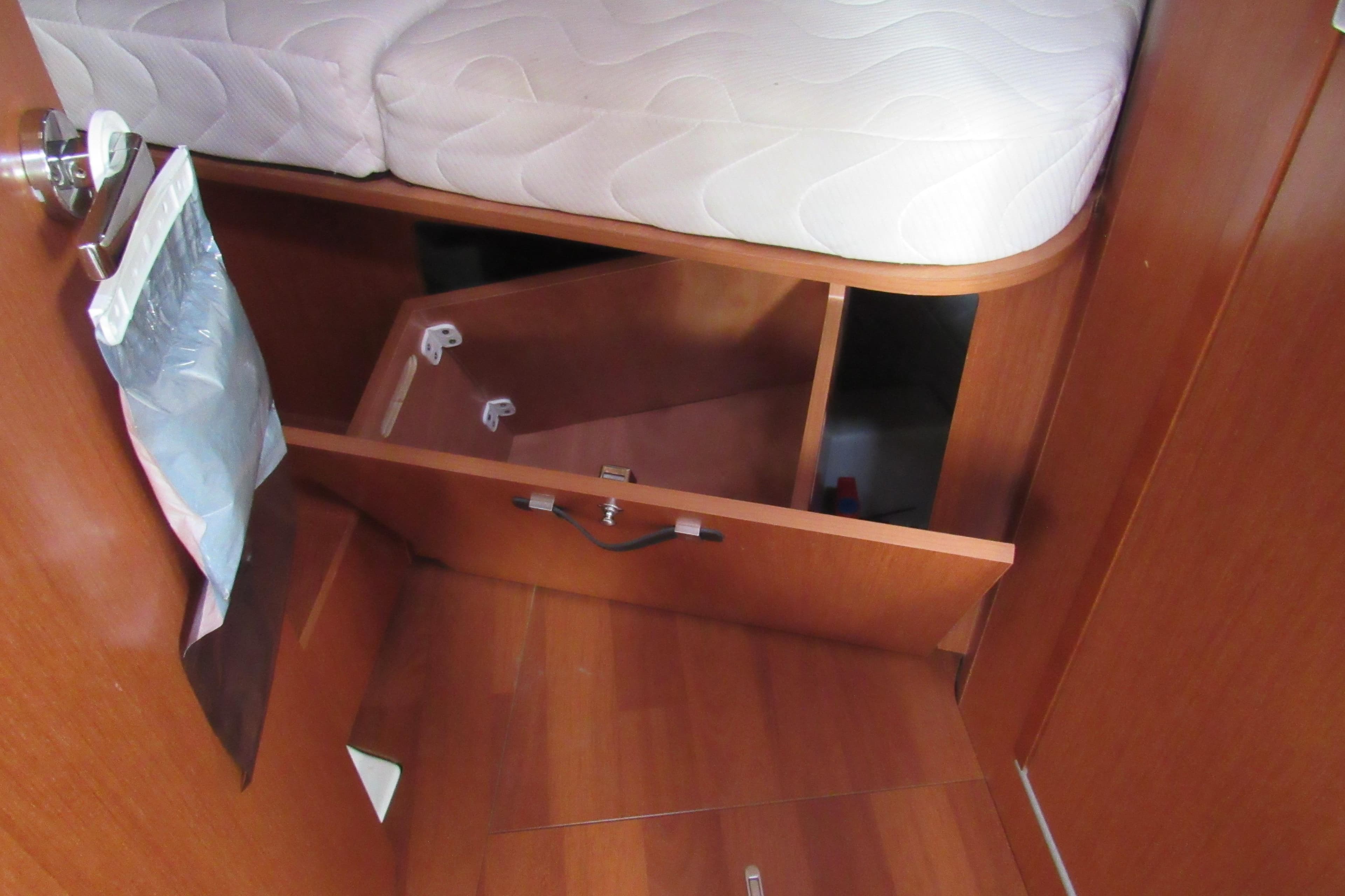 Interior storage compartment in 2017 Beneteau Oceanis 41.1 sailboat cabin.