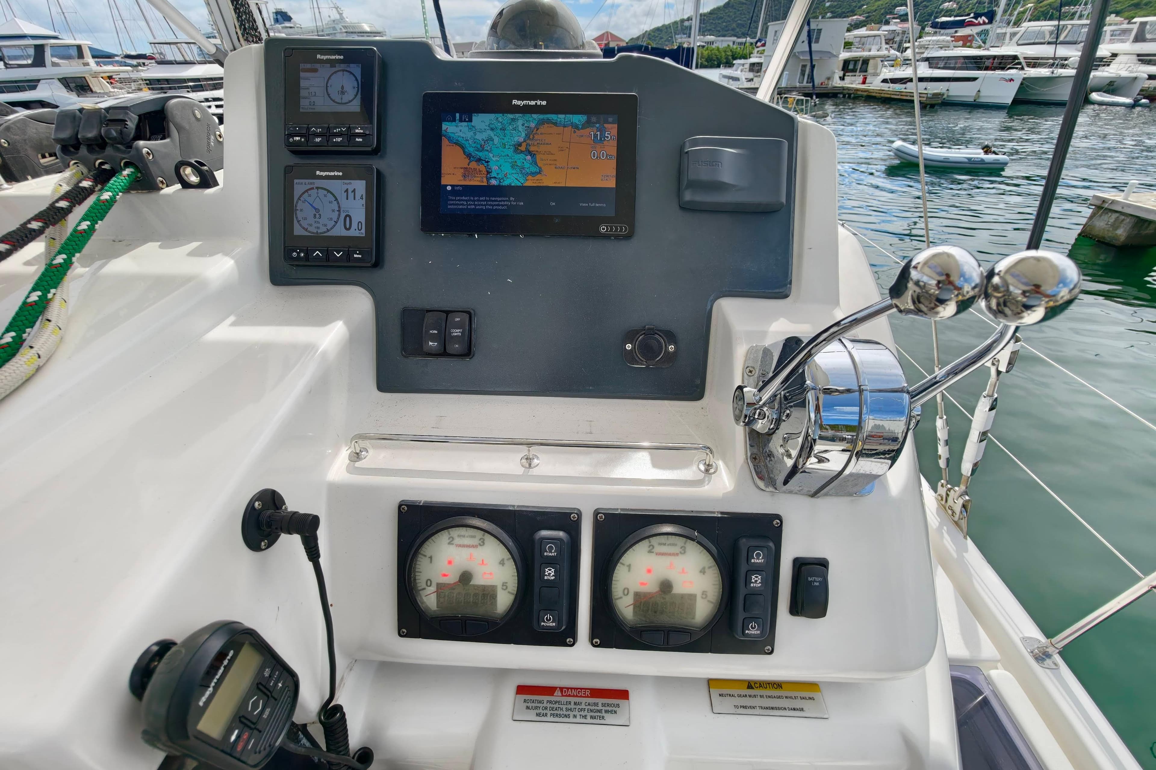 Control panel of a 2022 Leopard 45 yacht with navigation instruments.