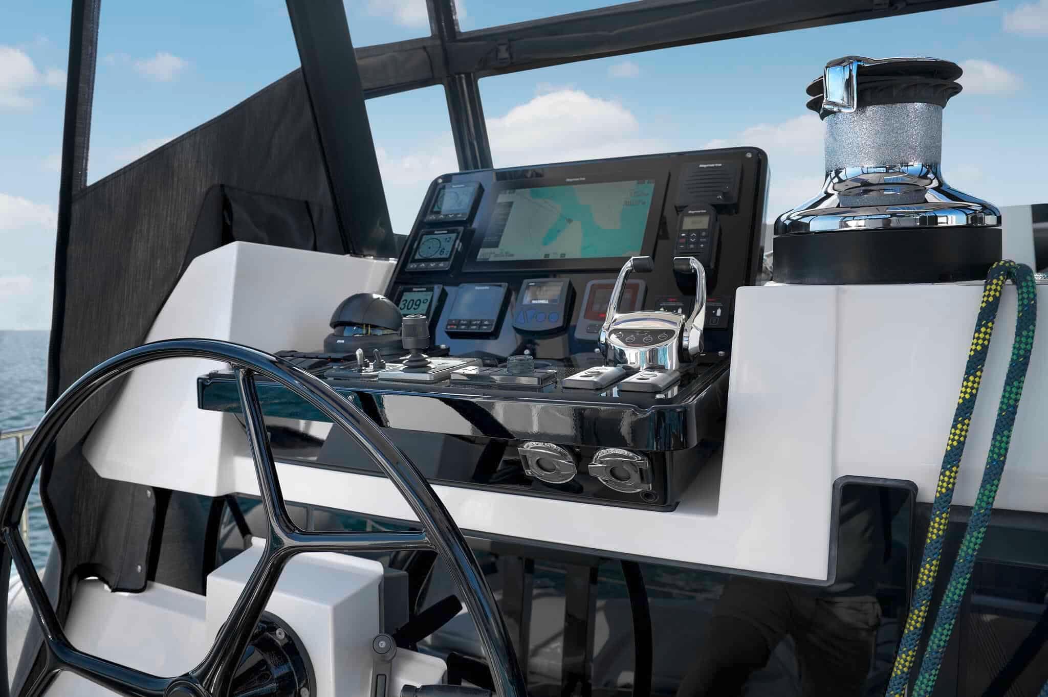 Helm of 2025 Privilege Signature 580 yacht with advanced navigation controls.