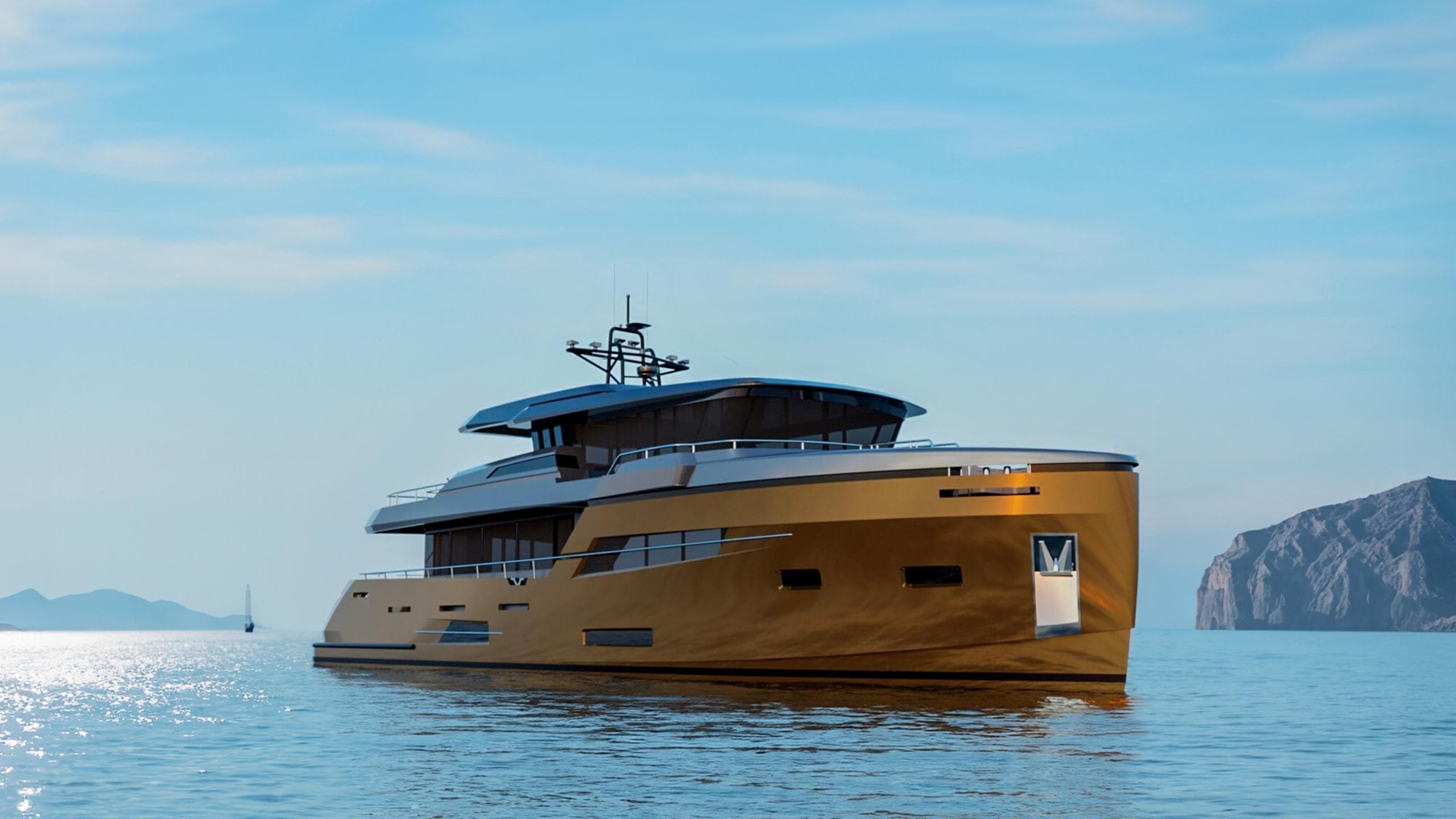 Luxury yacht Pacific Omega 78, 2025 model, cruising on calm sea with scenic mountain backdrop.
