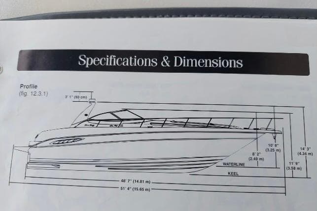 Sea Ray 460 Sundancer 2000 specifications and dimensions diagram, showcasing profile measurements.