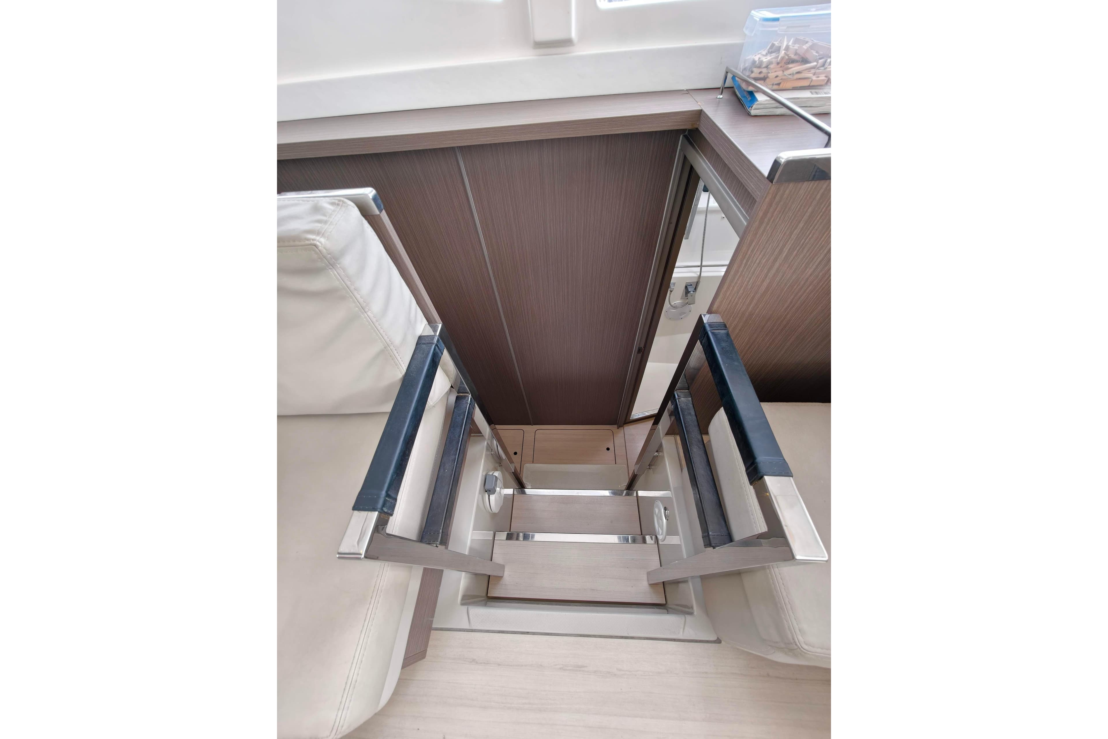 Interior of 2022 Leopard 45 yacht with foldable stairs and modern design.