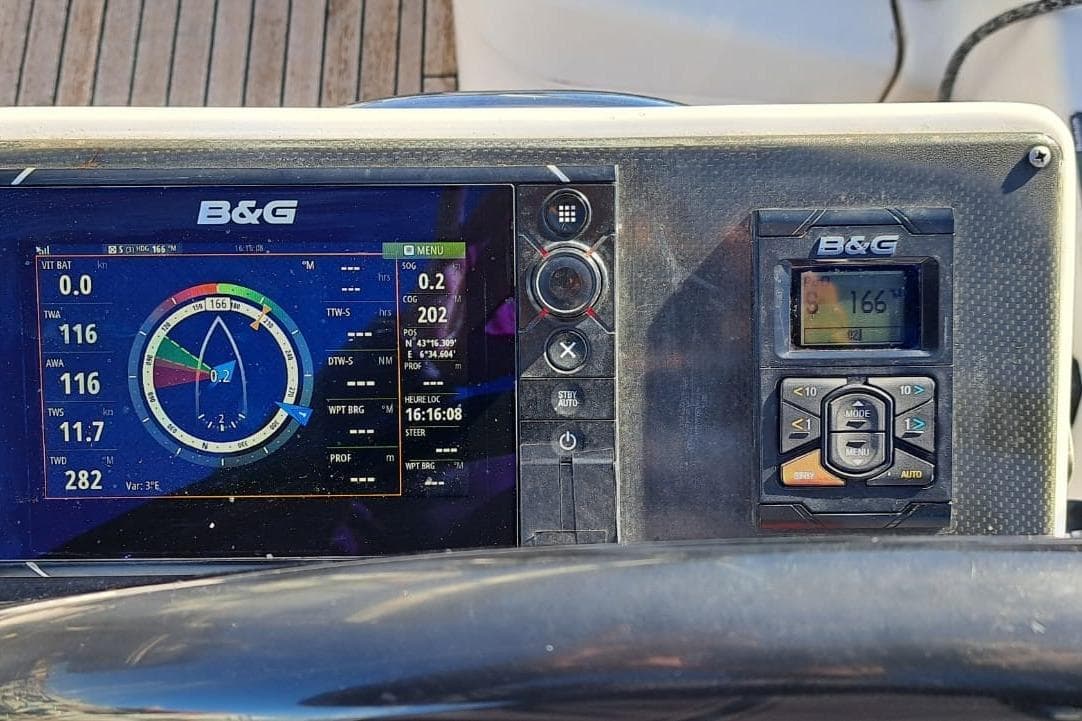 B&G navigation system on 2019 Salona 380 yacht dashboard, displaying sailing data.