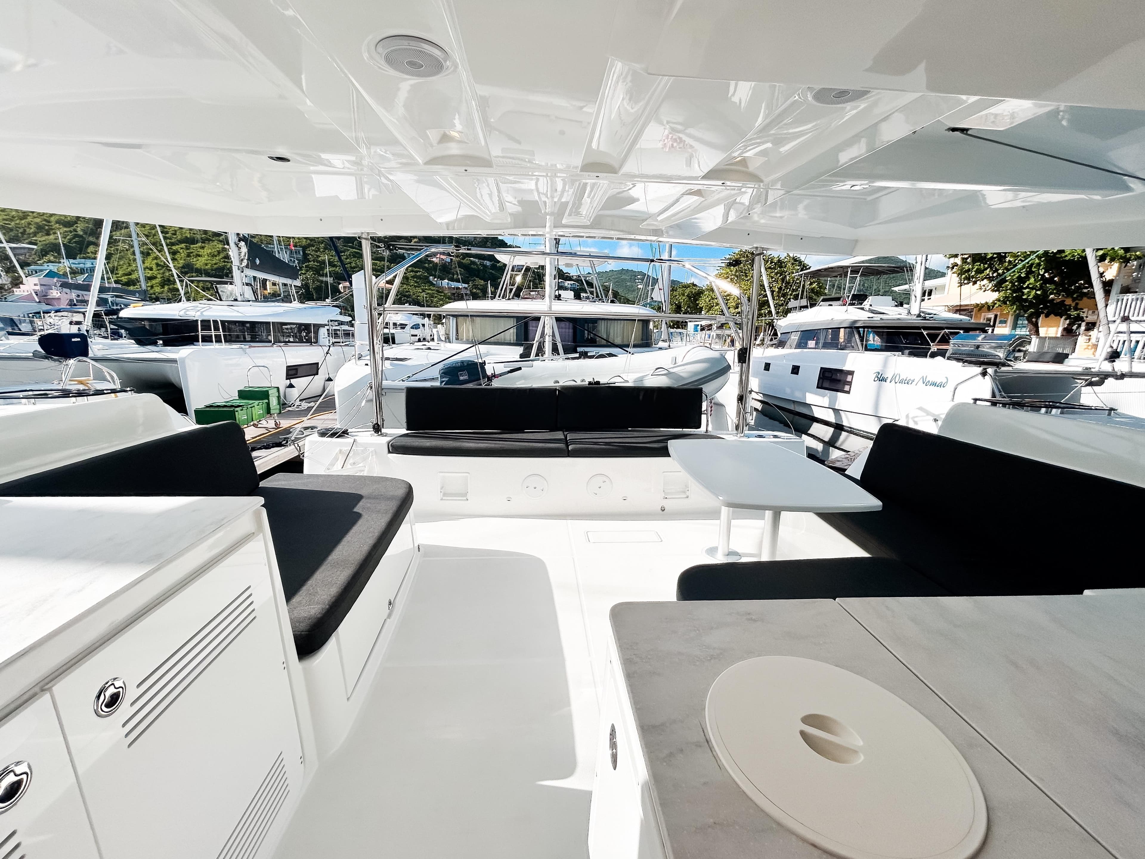 Interior view of 2024 Lagoon 46 yacht with luxurious seating.
