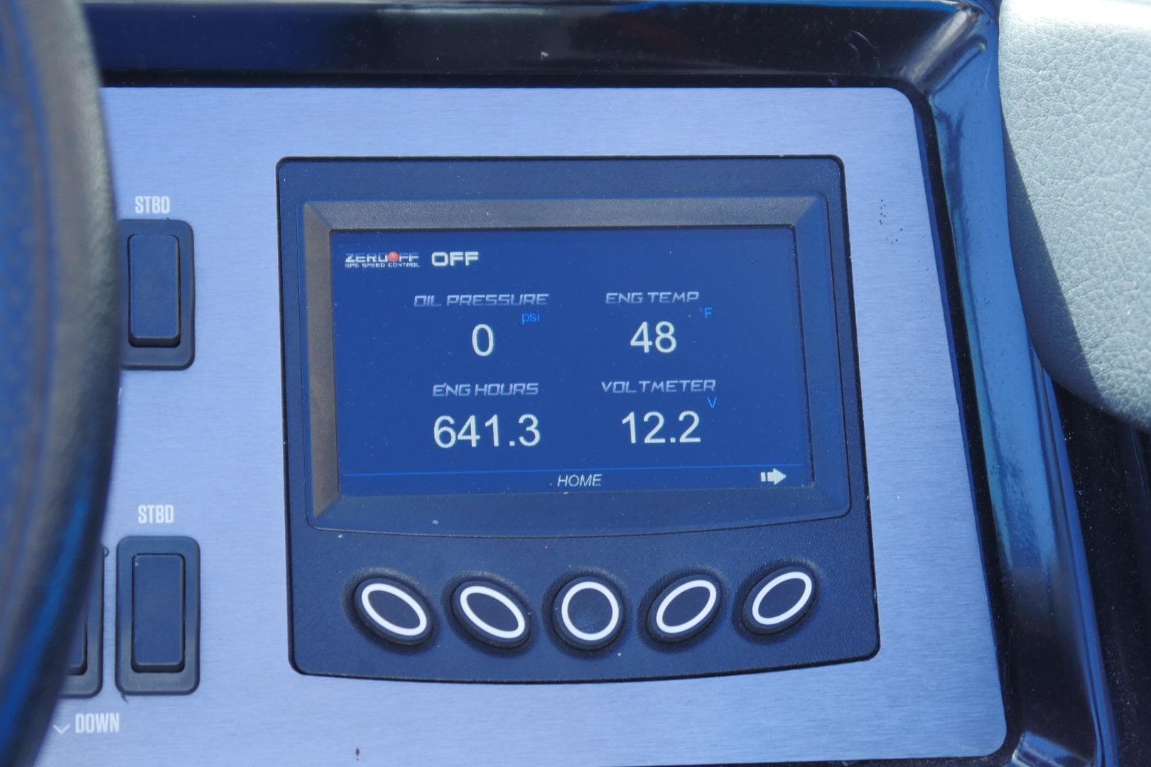 2020 MasterCraft NXT22 dashboard display showing engine hours, temperature, and voltmeter readings.
