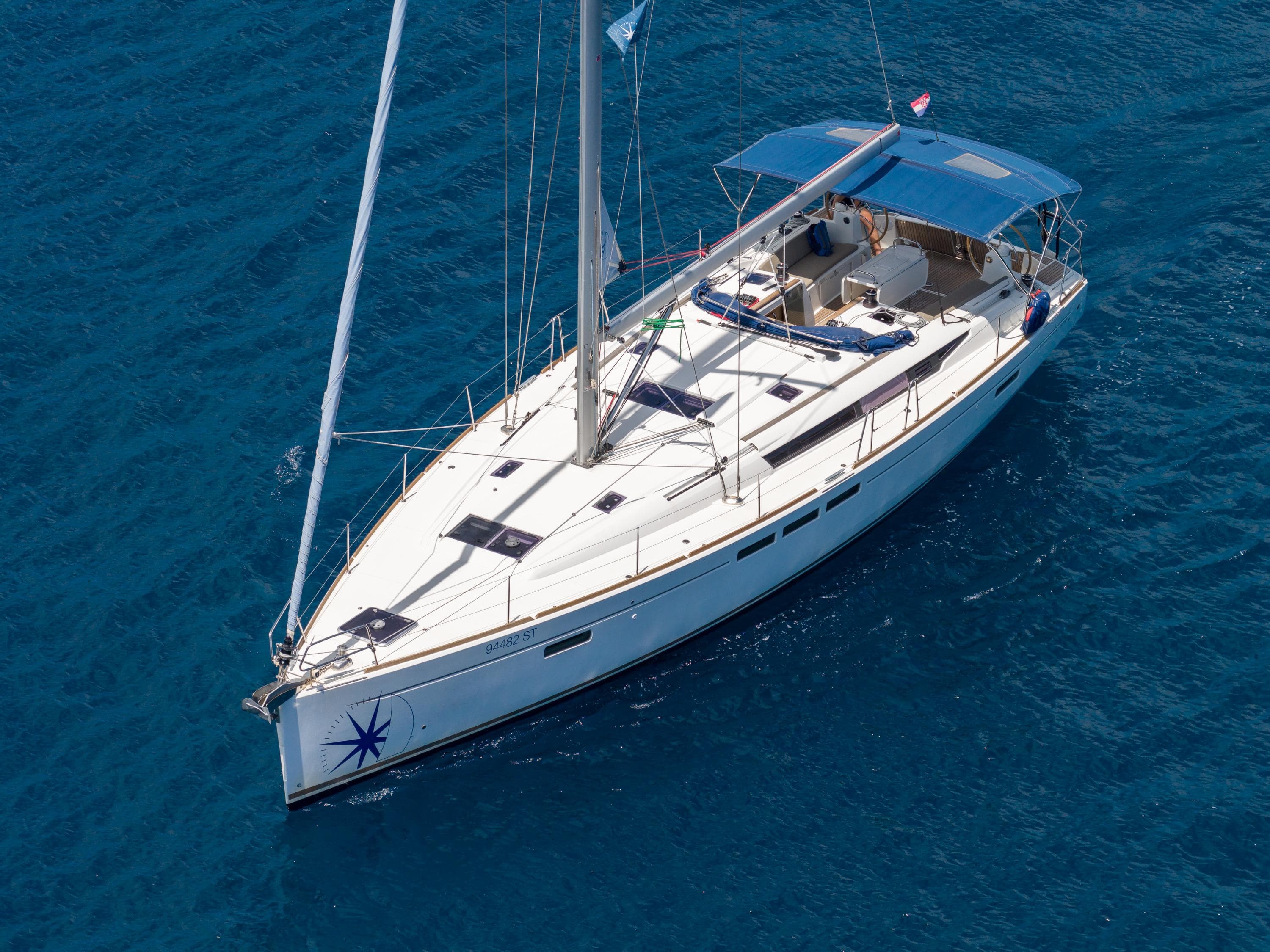 2018 Jeanneau Sun Odyssey 519 sailing on clear blue water.