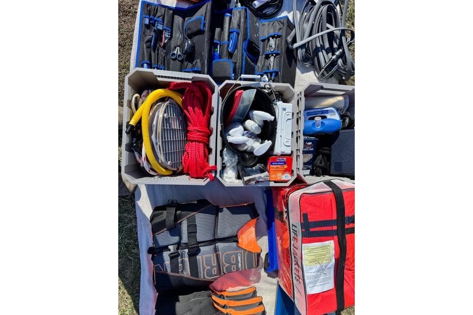 Emergency equipment and supplies organized in a Zodiac Medline 7.5 GT, 2024 model.