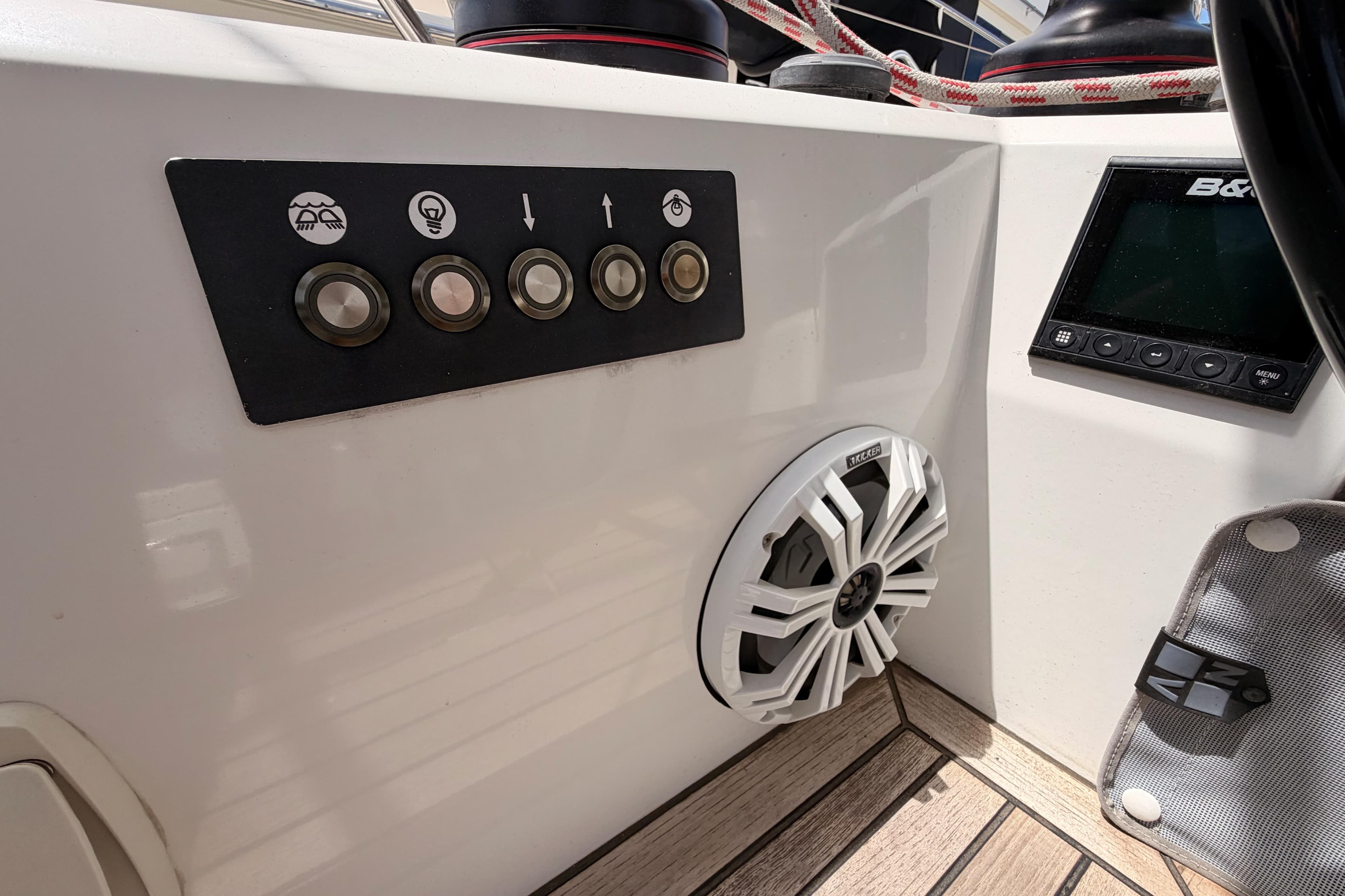 Control panel and speaker on a 2020 Beneteau Oceanis 51.1 yacht deck.