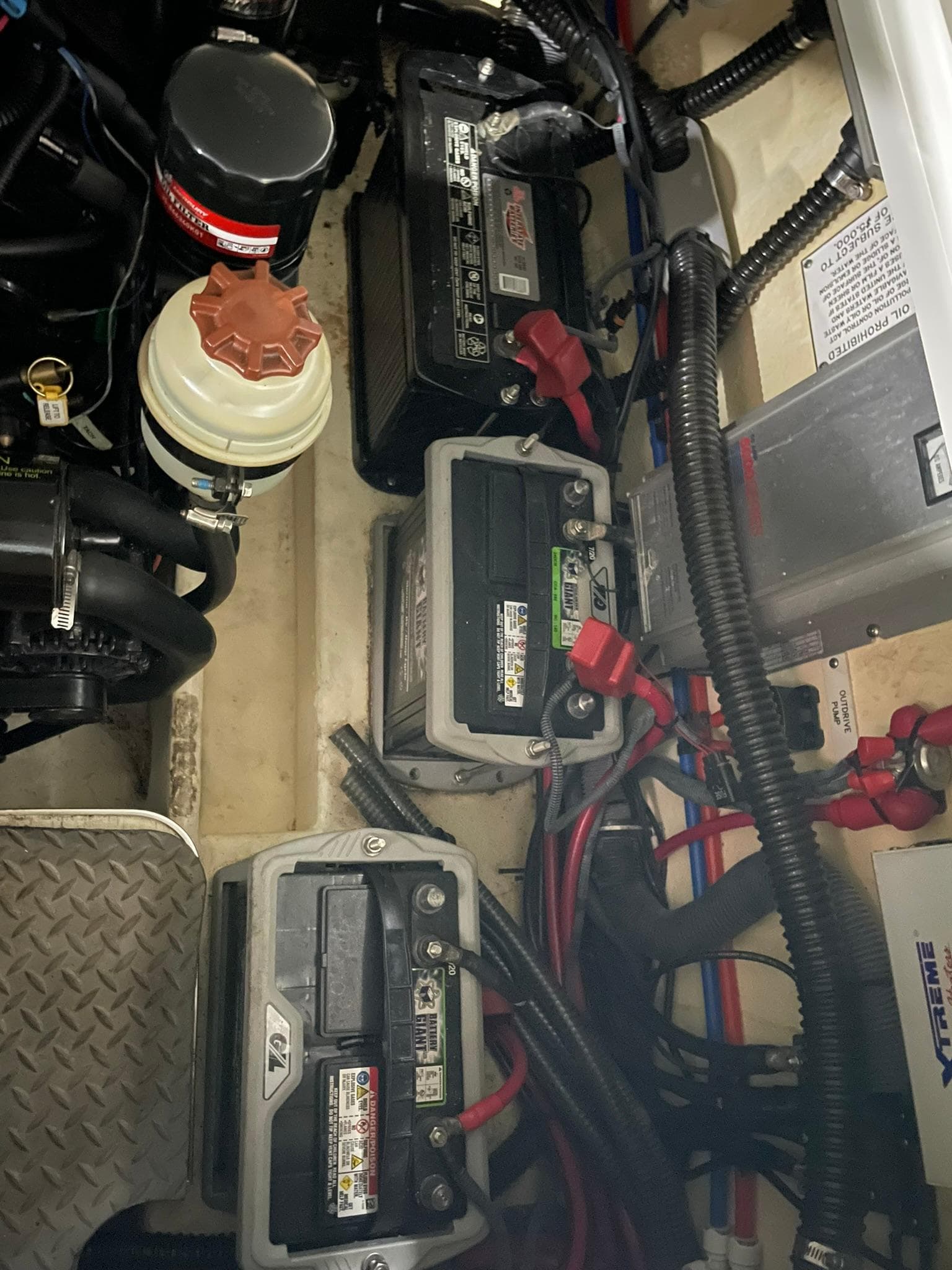 2006 Formula 330 Sun Sport engine compartment with batteries and wiring.