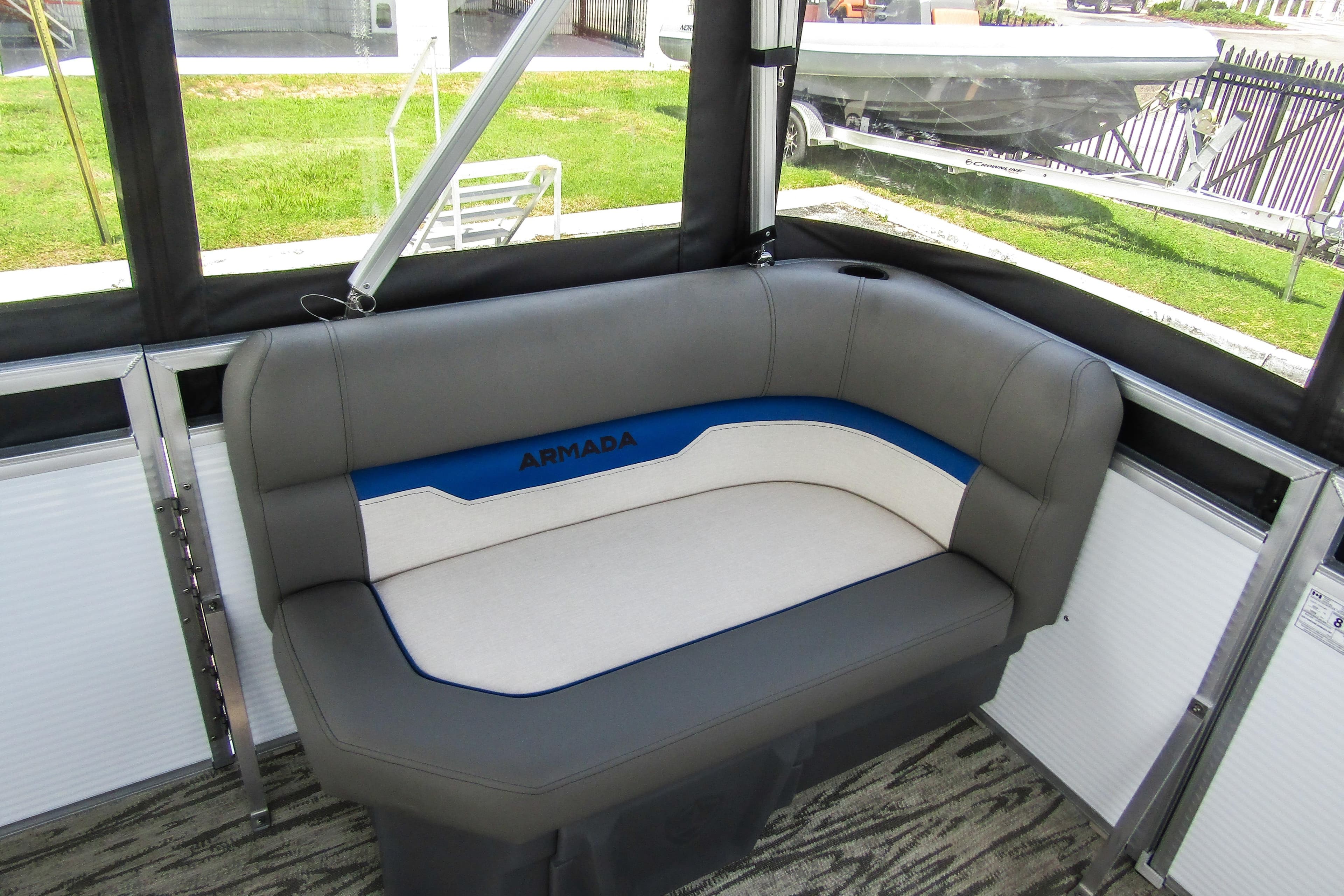 Gray and blue seating in 2025 Armada v17 boat interior.
