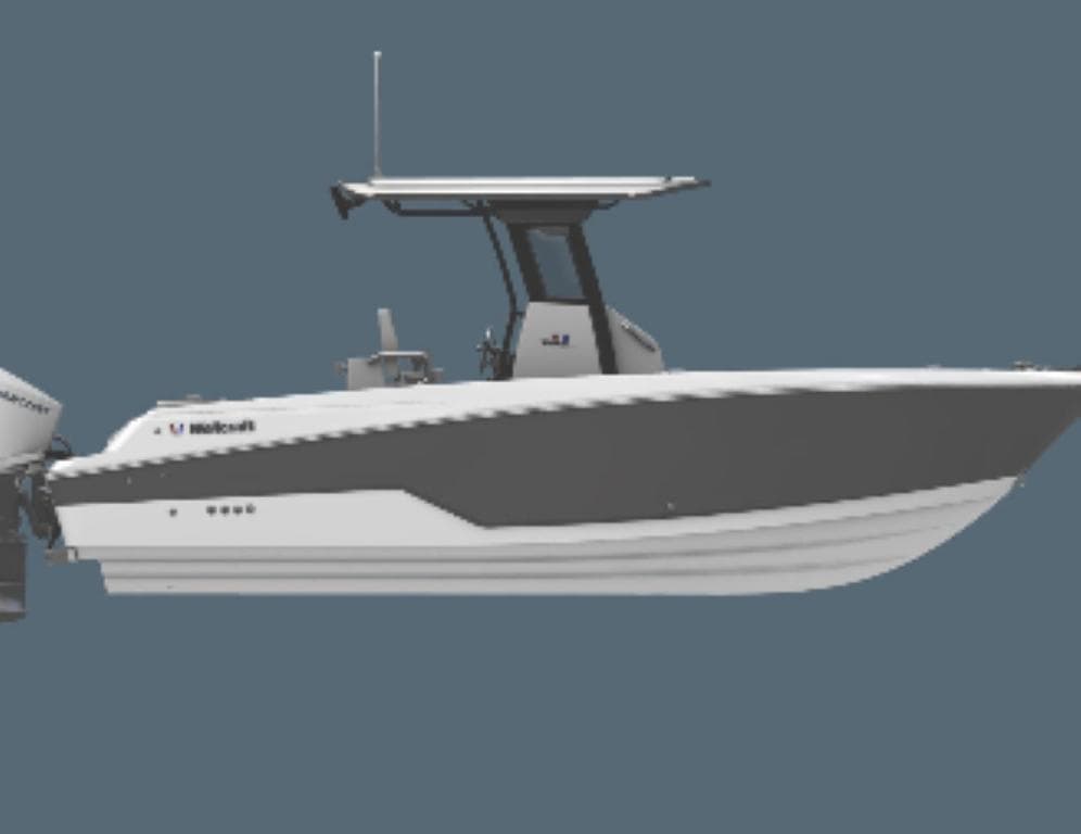 2025 Wellcraft 263 Fisherman boat, side view, sleek design, gray and white color scheme.