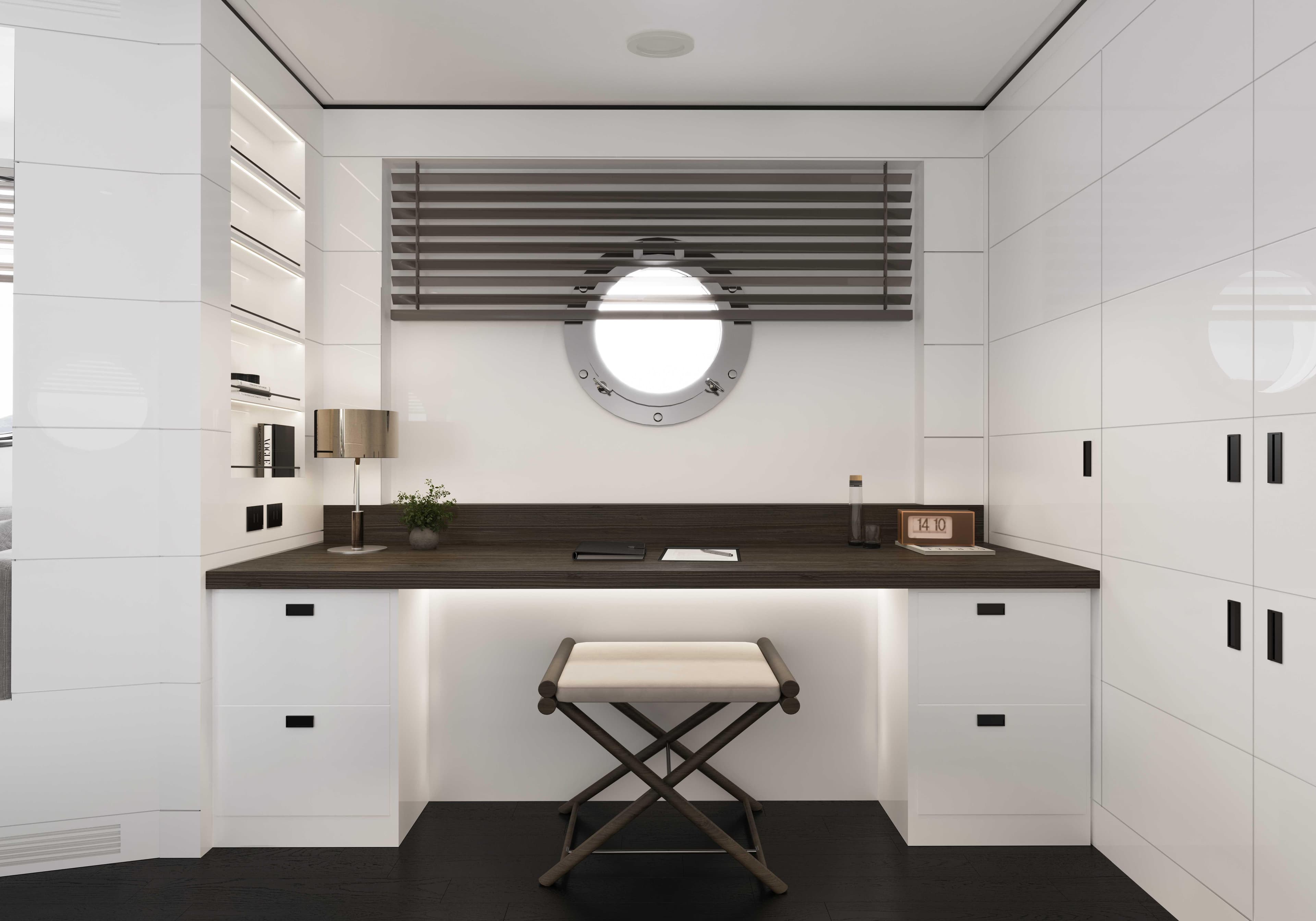 Modern yacht interior with sleek white cabinetry, circular window, and minimalist decor, 2027 Tufan and Brothers Mako Shark.