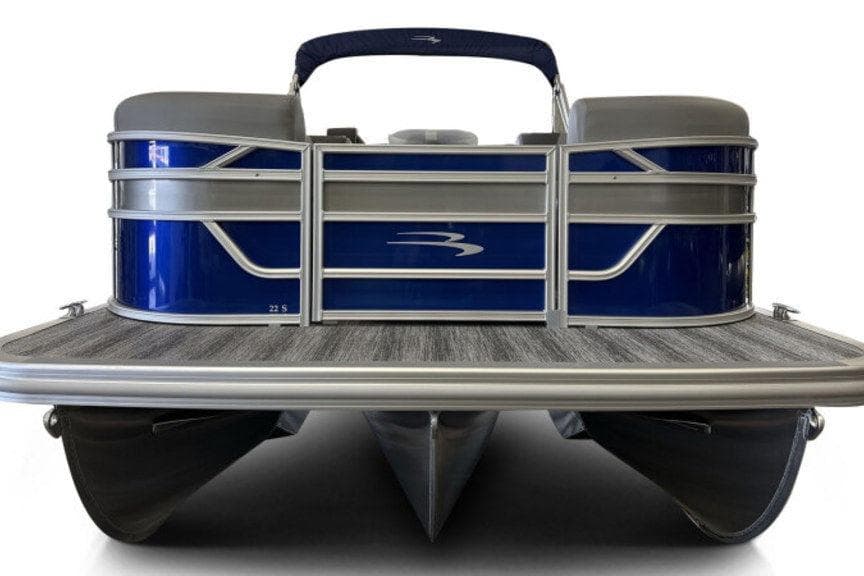 2026 Bennington 22SSB pontoon boat, front view, blue and silver design.