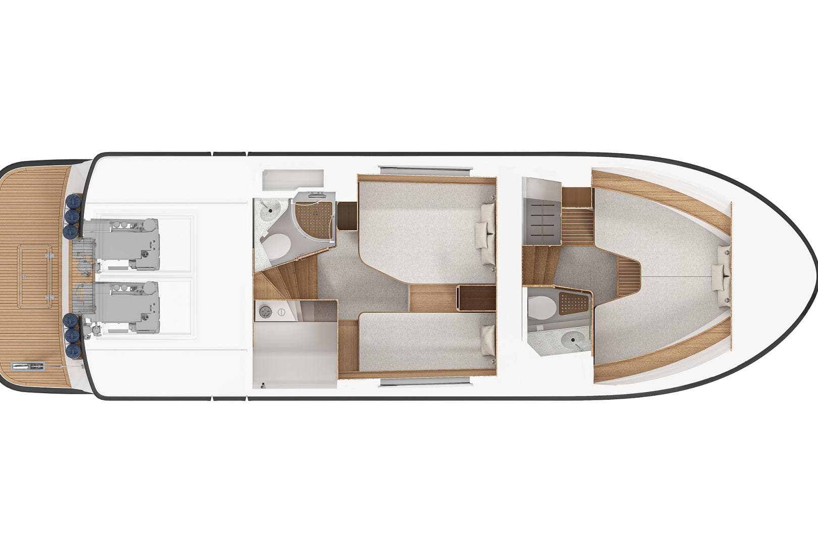 Floor plan of 2027 Targa TARGA 37 boat, featuring cabins and engine layout.