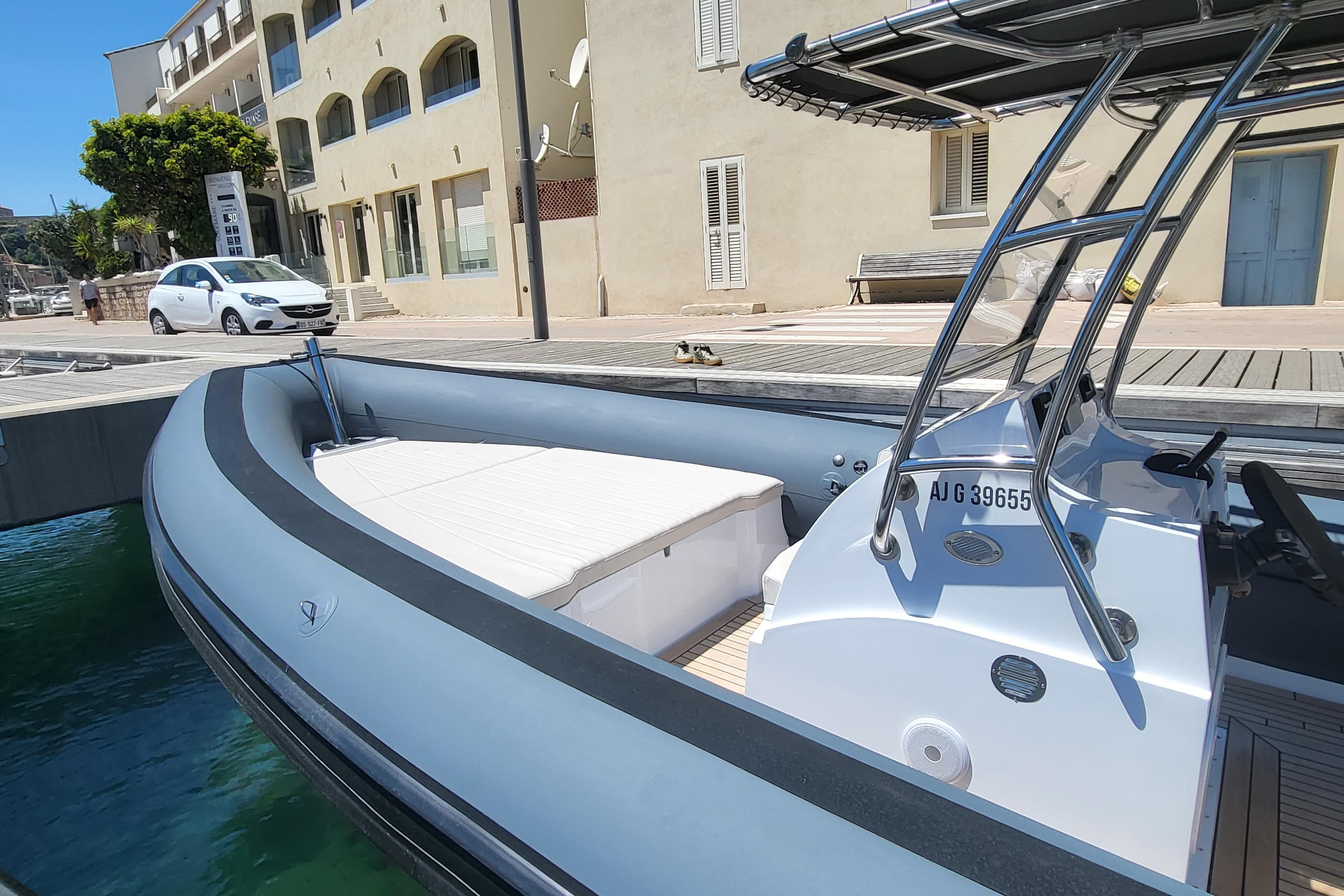 Sea Water PHANTOM 260 boat docked, 2022 model, with sleek design and modern features.