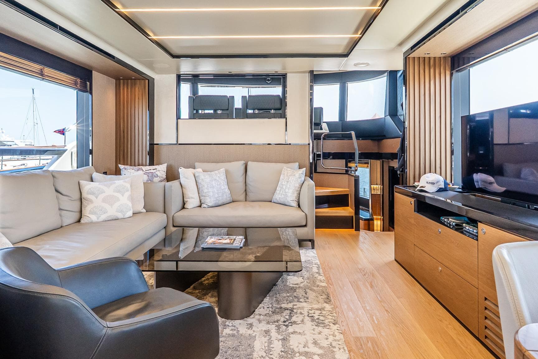 Luxurious interior of 2024 Absolute Navetta 68 yacht with modern furnishings and elegant design.