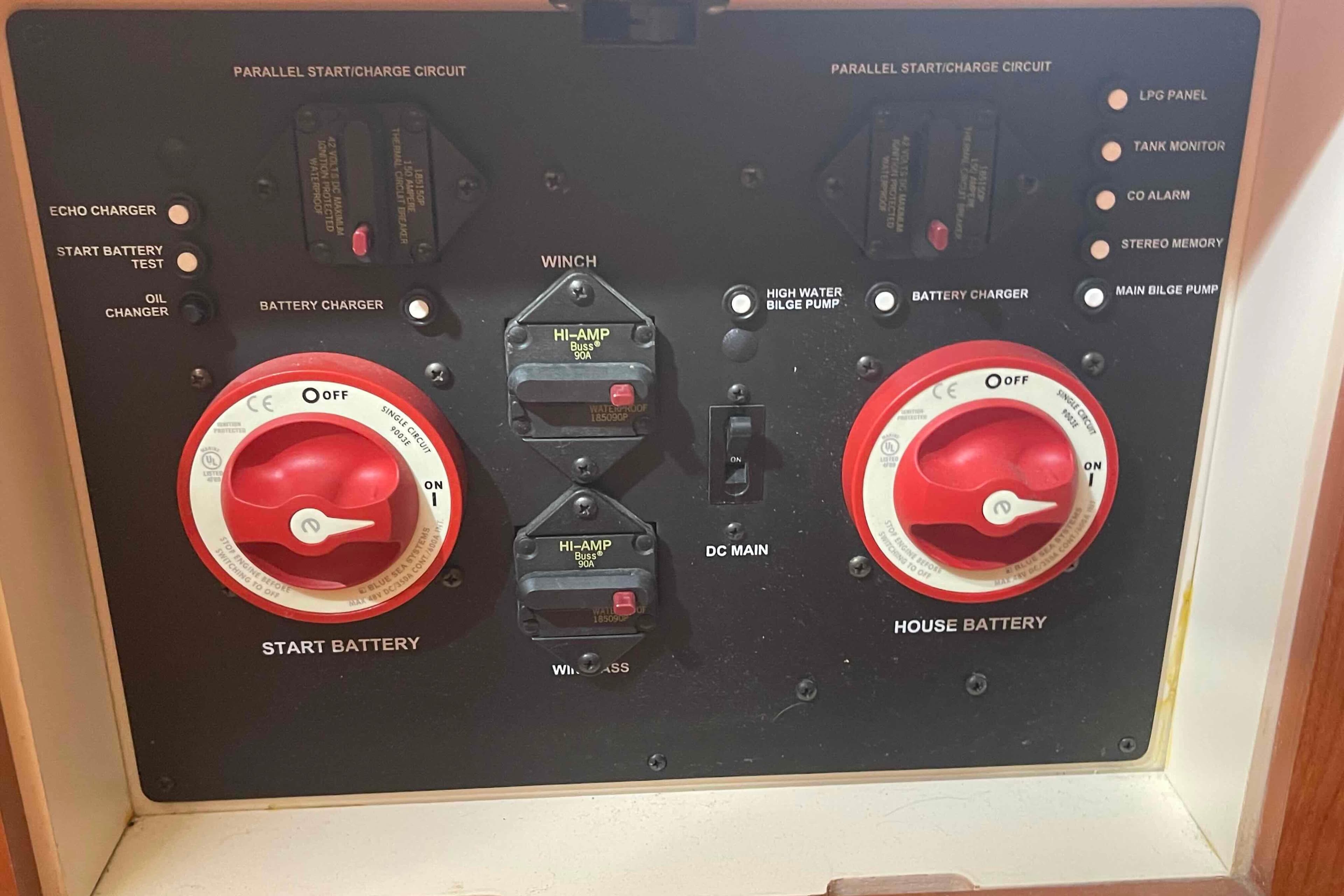 Electrical control panel of a 2010 Hunter 45 Center Cockpit sailboat.