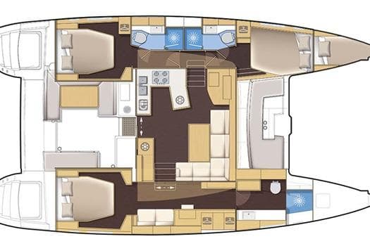 Floor plan of a 2021 Lagoon 450 F catamaran, featuring cabins and living areas.