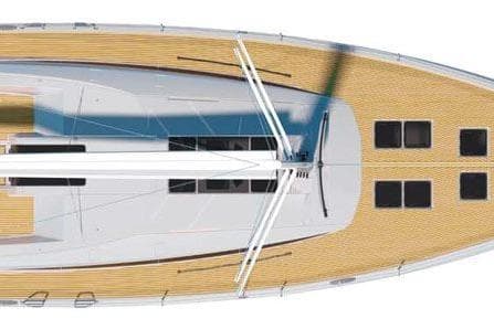 Top view of 2023 Jeanneau 60 yacht with sleek deck design.