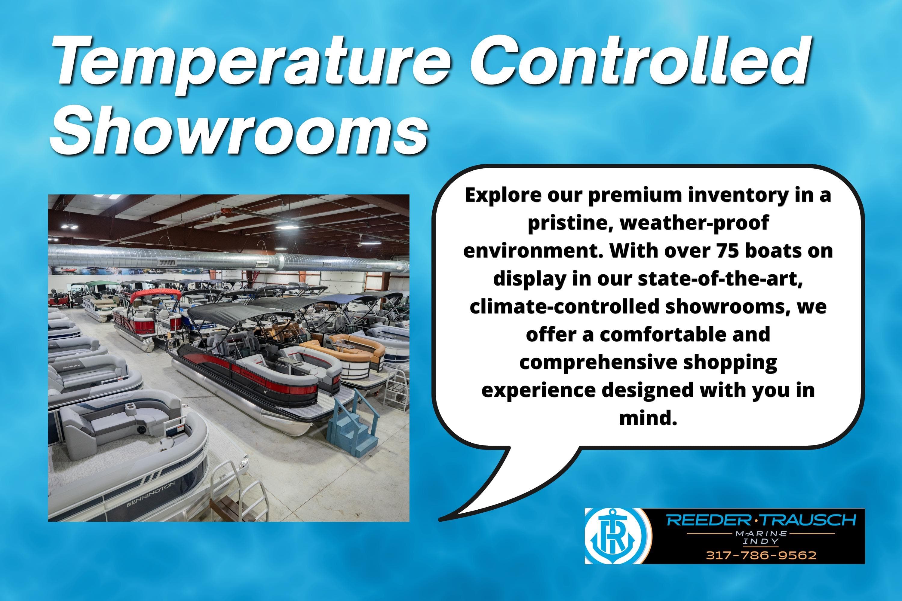 Temperature-controlled showroom displaying various boats, including the 2026 Bennington 20 SSR model.