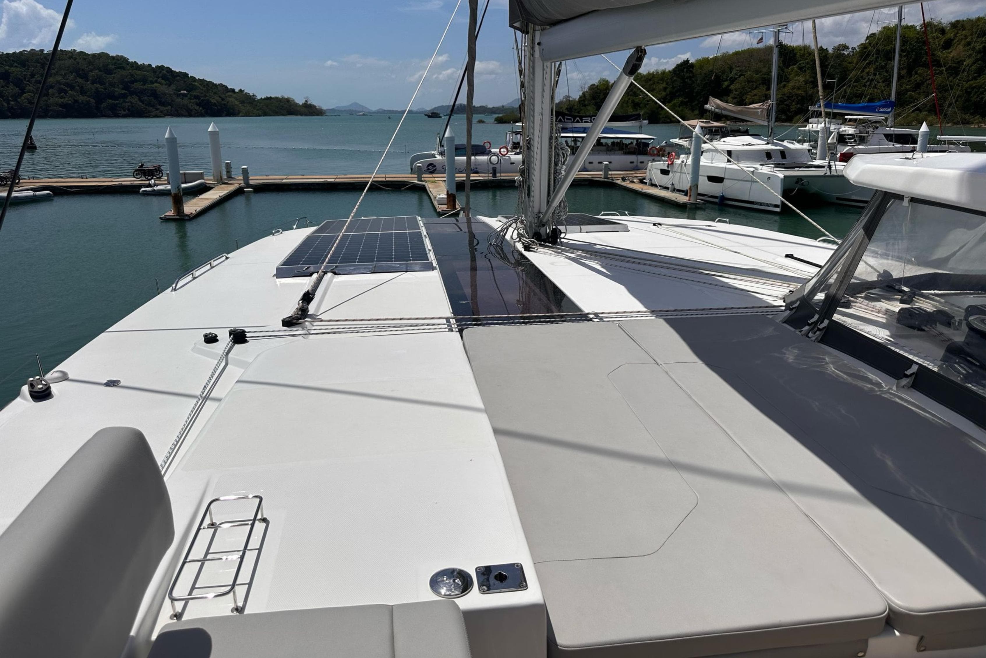 Leopard 50 catamaran 2024 docked with solar panel.