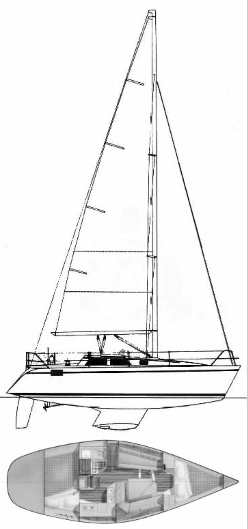 Line drawing of a 1988 Hunter 30-2 sailboat with interior layout.