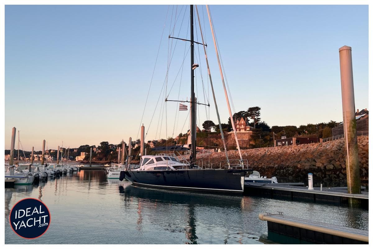 65ft Garcia Aluminium Centerboard yacht docked in serene marina at sunset, 2008 model.