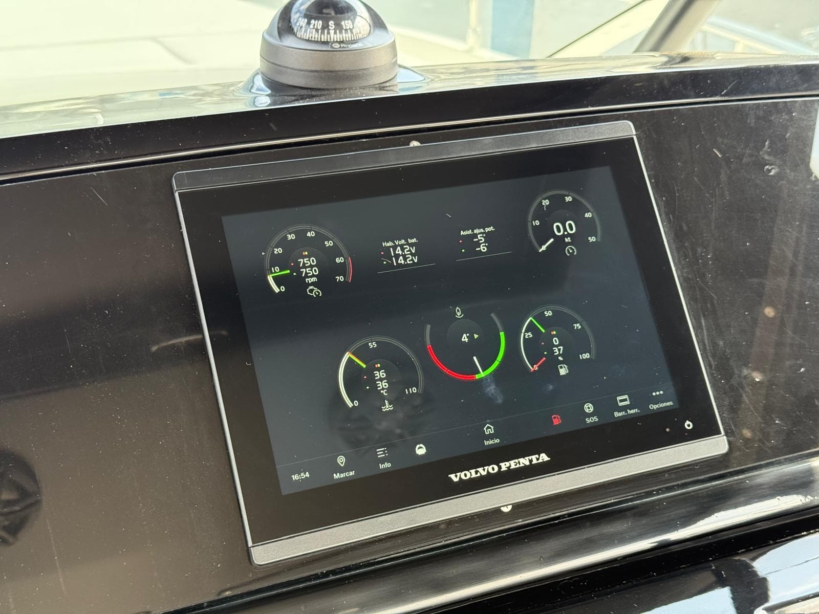Digital dashboard display on a 2024 FIM 340 boat, featuring Volvo Penta controls.