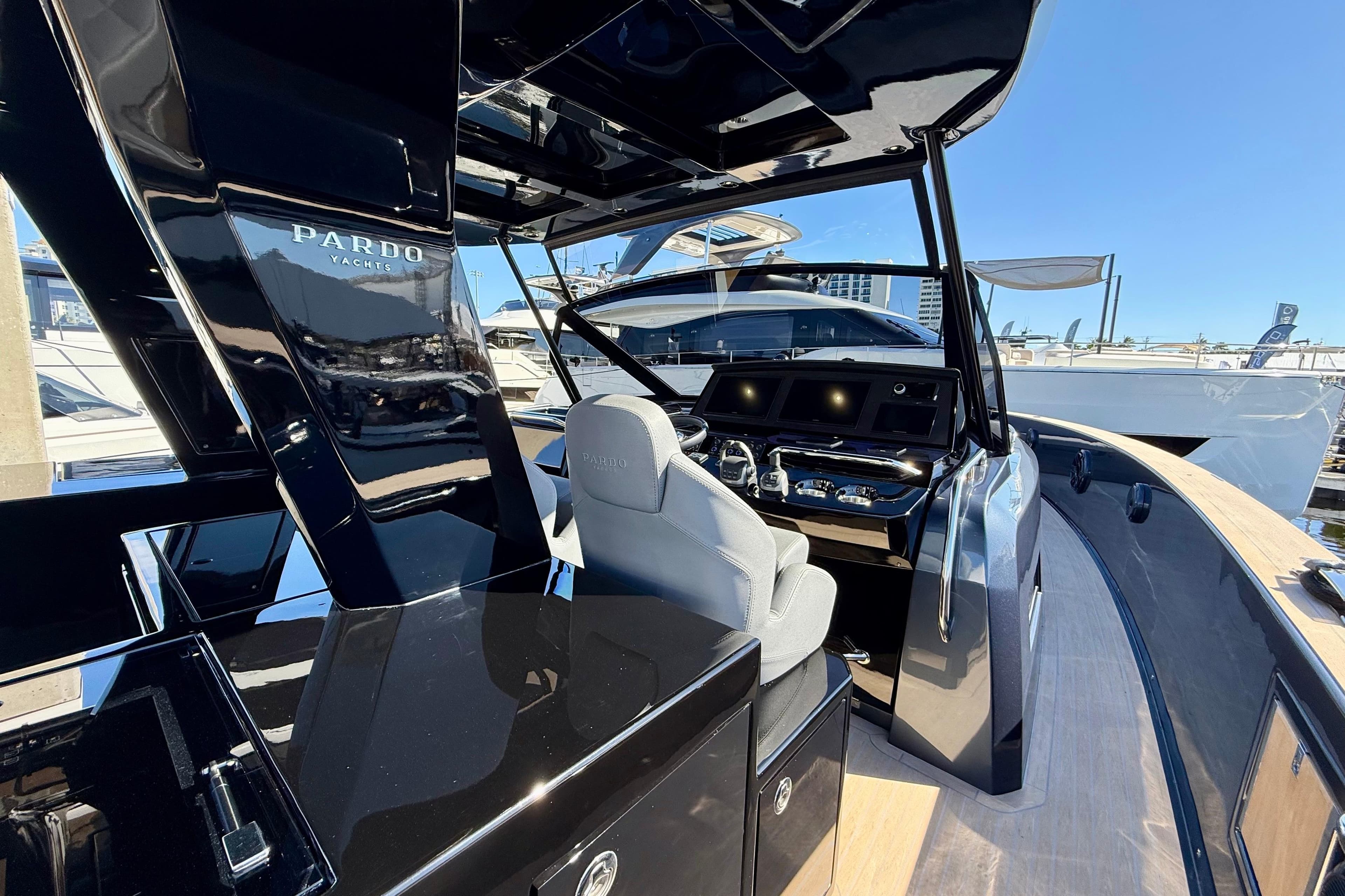 2026 Pardo Yachts 50 interior with sleek black design and modern controls.