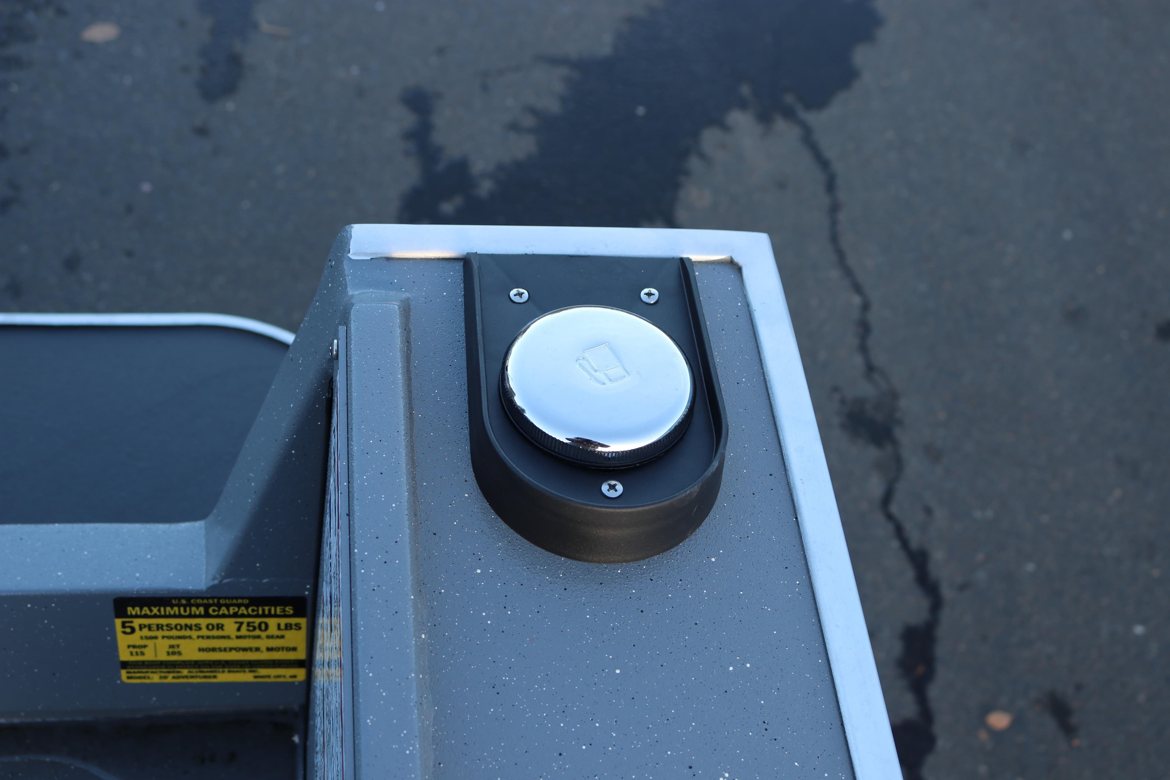 Fuel cap on 2026 Alumaweld Adventurer 20 boat, close-up view.