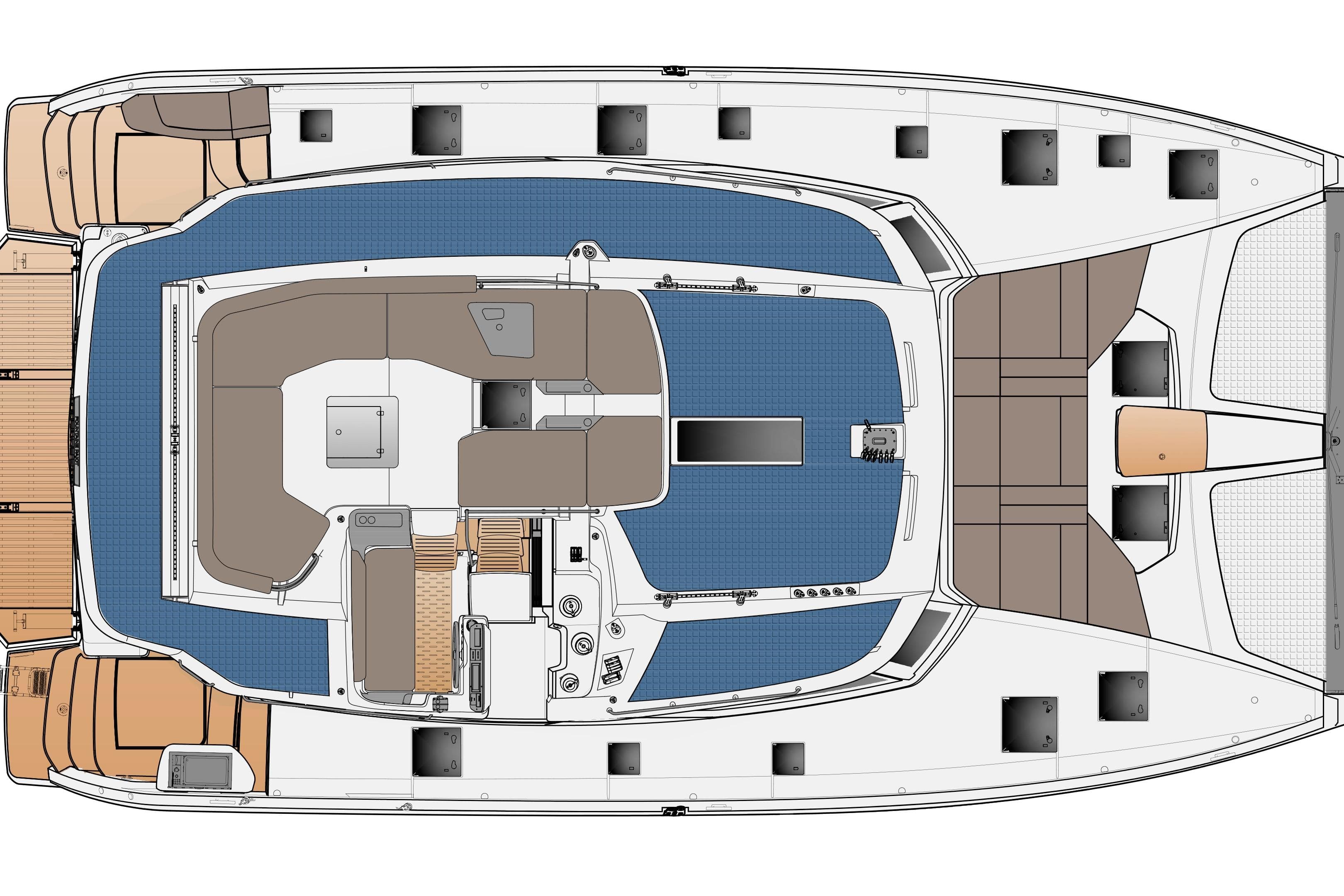 Top view layout of 2026 Fountaine Pajot FP 48 catamaran, featuring spacious deck and seating areas.