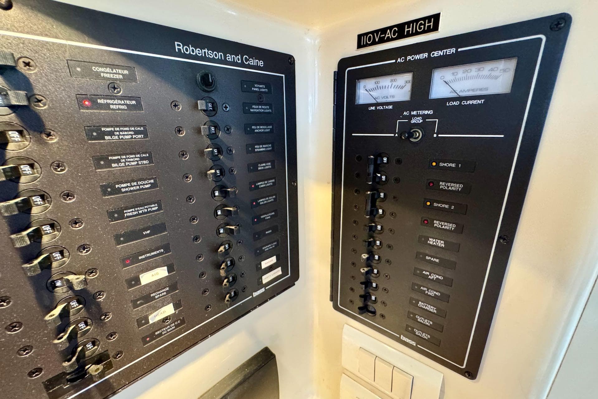 Electrical control panel on a 2004 Leopard 42 yacht by Robertson and Caine.
