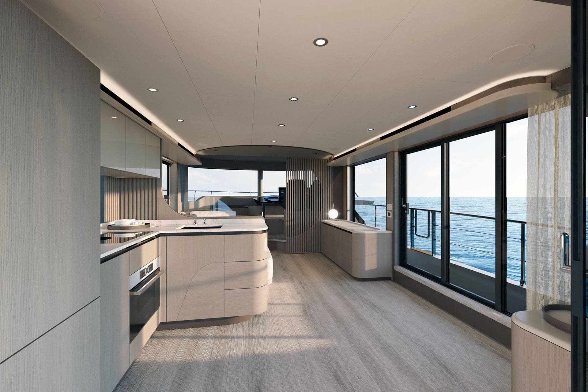 Luxurious interior of 2026 Absolute 58 Navetta yacht with modern design and ocean view.