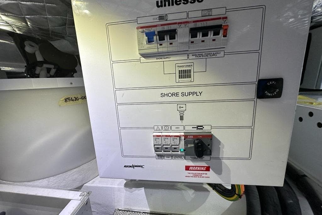 Electrical panel of 2024 Uniesse Exuma HTC5p yacht, featuring shore supply controls.