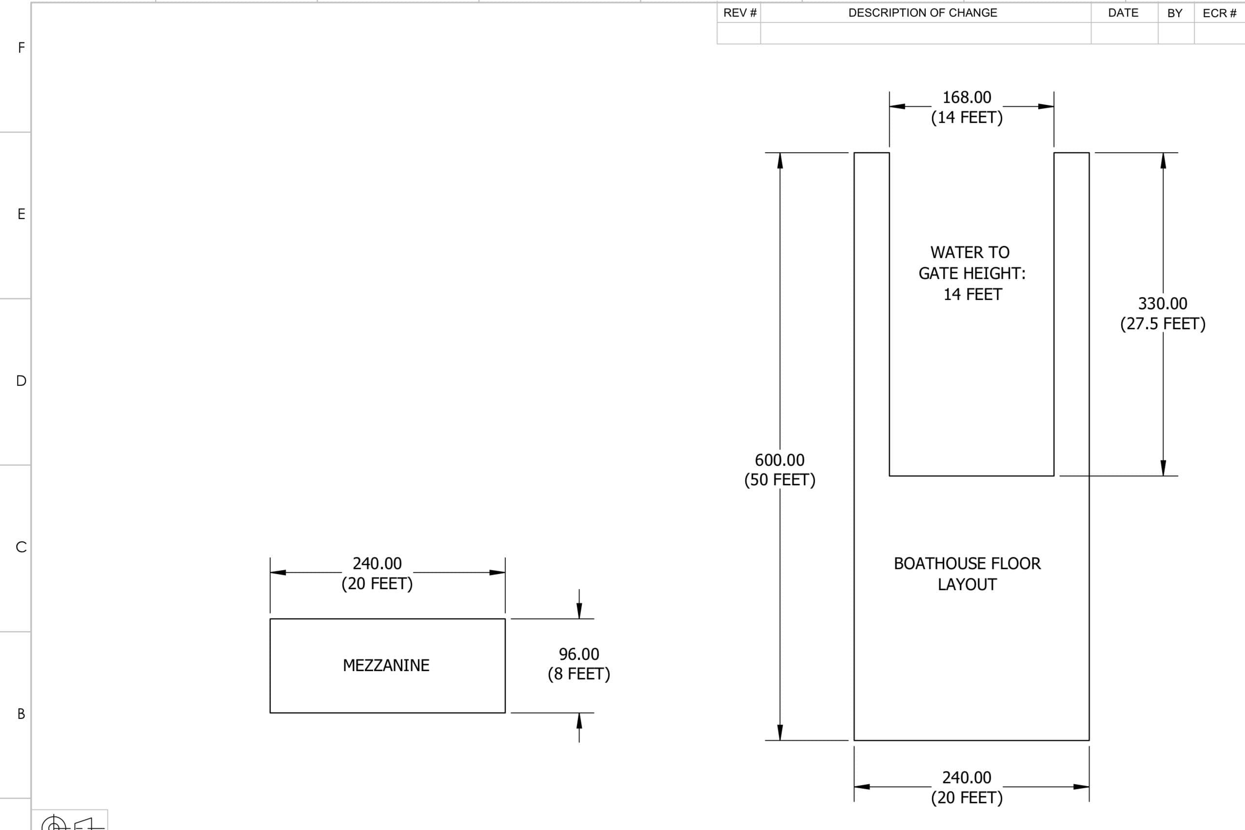 Floor plan of a 2023 Custom Boathouse, 50’ x 20’, with mezzanine layout.
